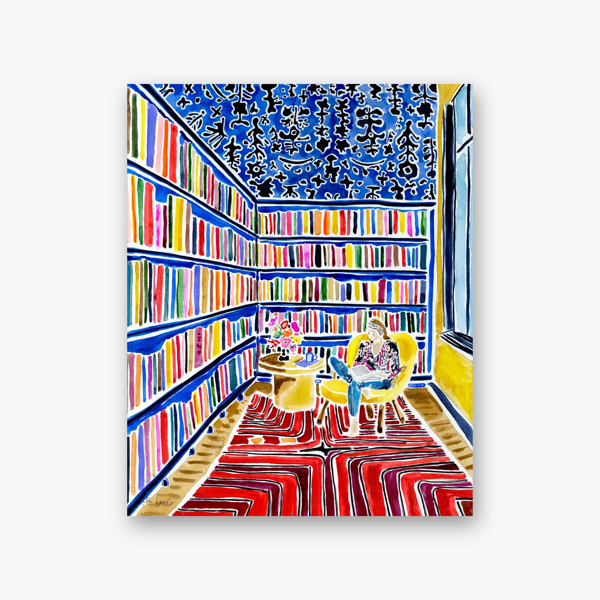 She's Alone and Loving It by Kate Lewis — Woman reading in a yellow chair inside a jewel-toned library with rainbow shelves and patterned rug.