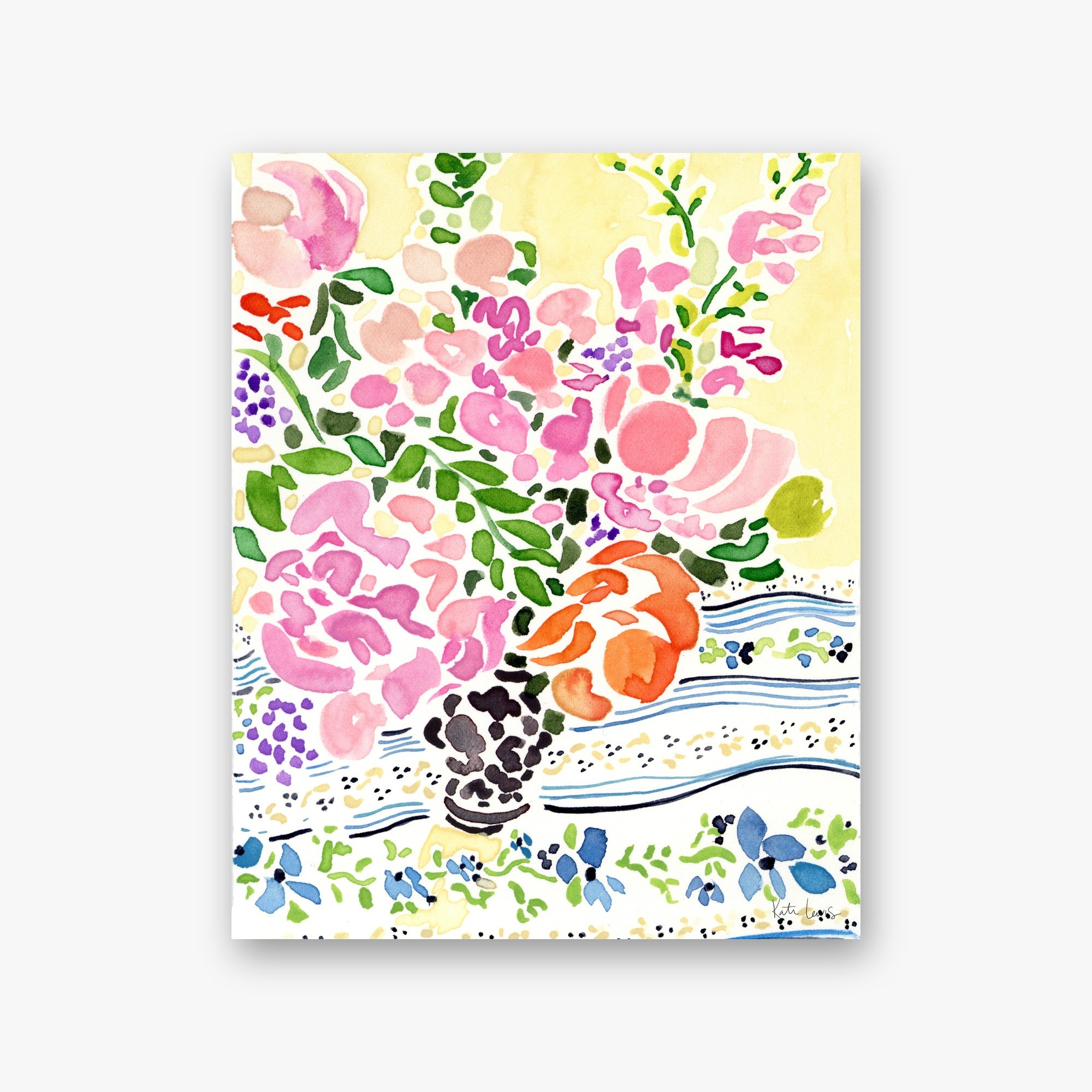 Summer Abundance by Kate Lewis — Pink and orange bouquet in a dark vase over layered blue-striped patterned cloth; bright watercolor.