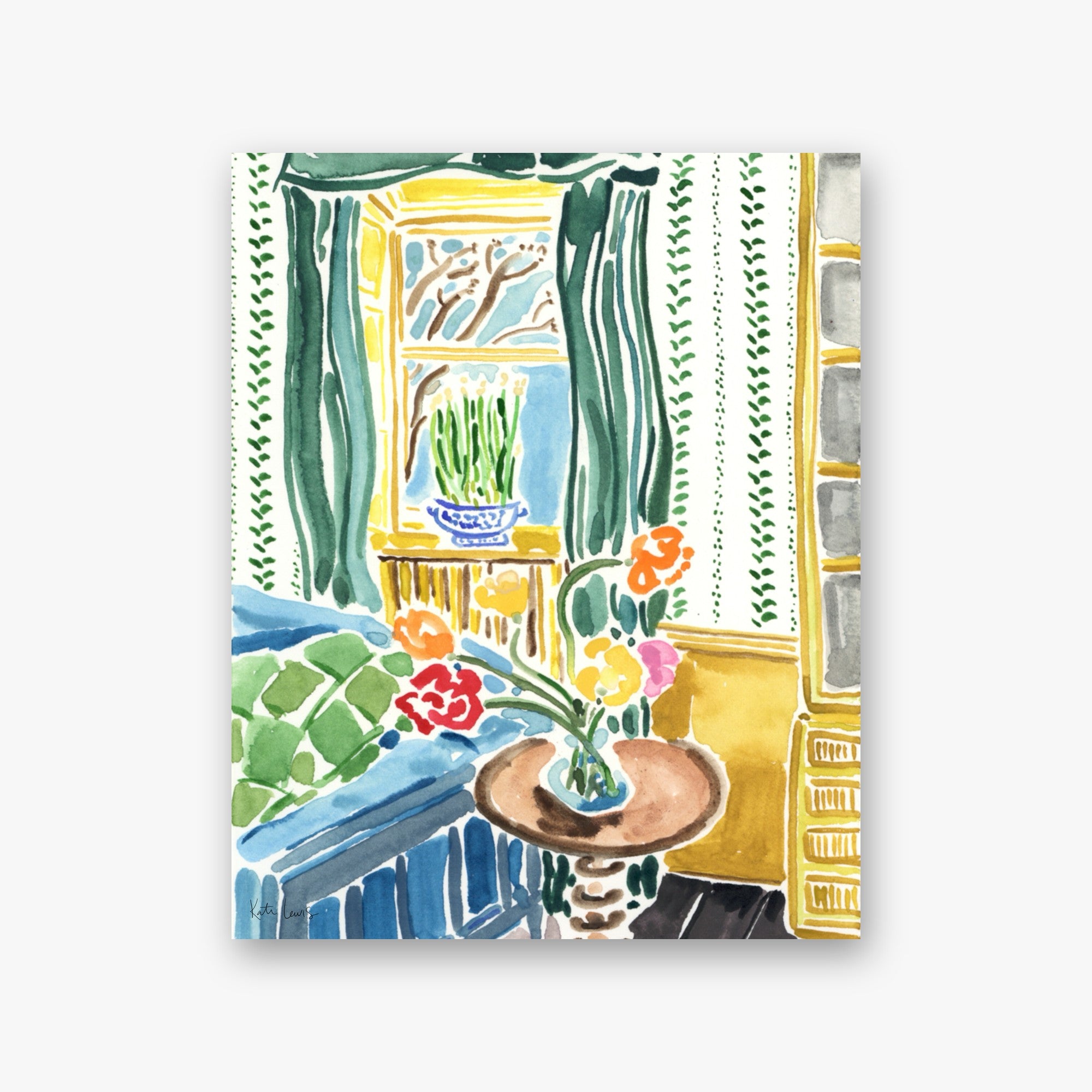 Sunlit Room with Flowers by Kate Lewis — Sunlit interior with green curtains, framed window, and bouquet on a pedestal table; fresh watercolor.