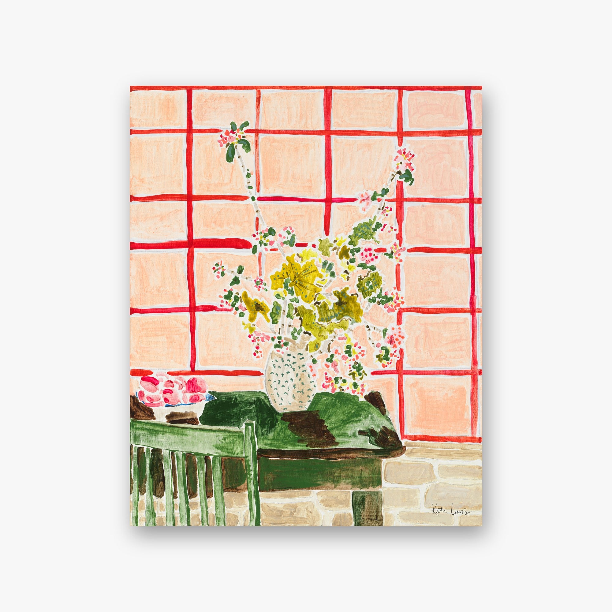 Sunroom with Apples on Green Table by Kate Lewis — Speckled vase of blossoms and bowl of pink fruit on a green table, pink windowpane wall, bold acrylic.