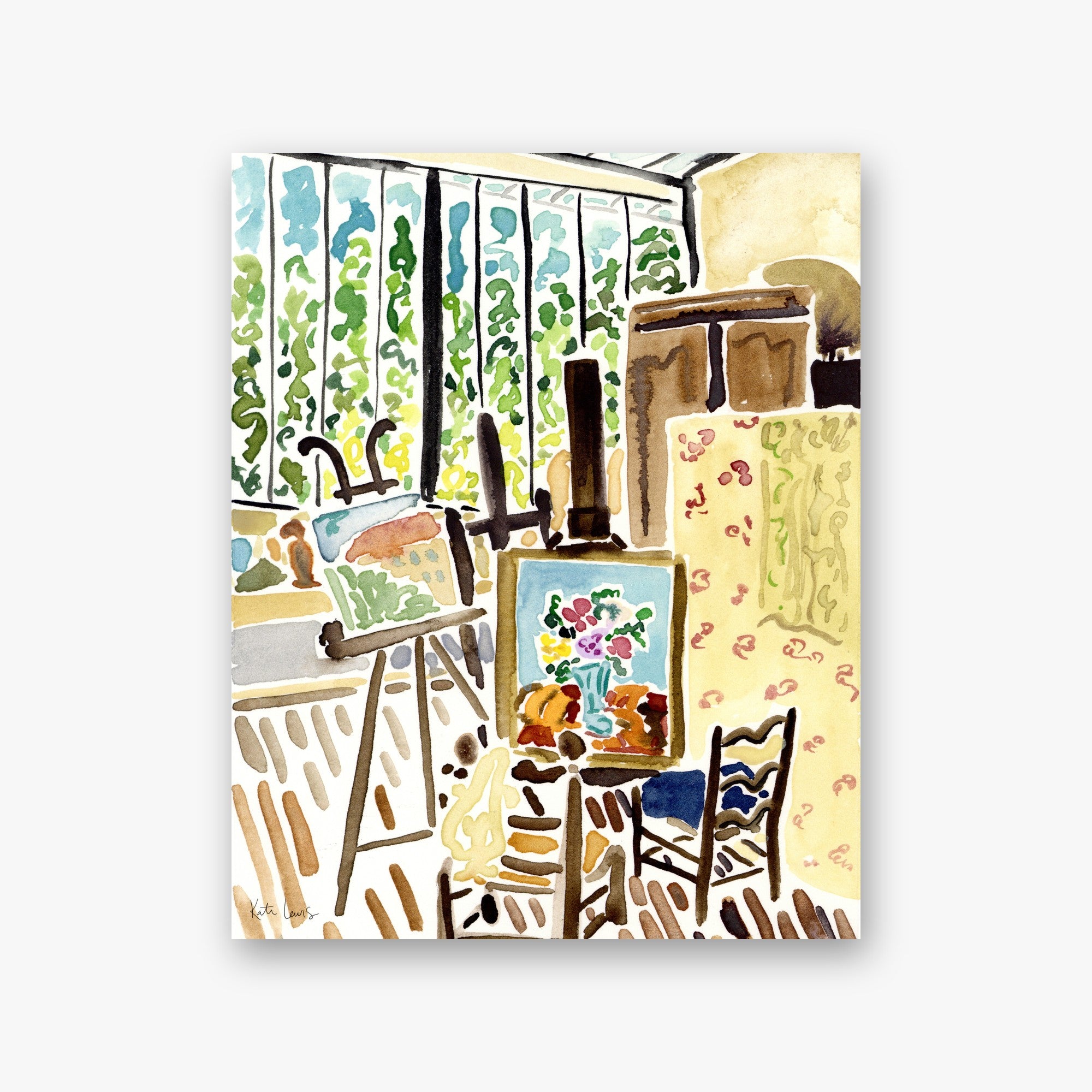 Suzanne Valadon's Studio by Kate Lewis — Loose watercolor artist's studio with easel, canvas, ladder-back chairs, and a leafy glass conservatory wall.