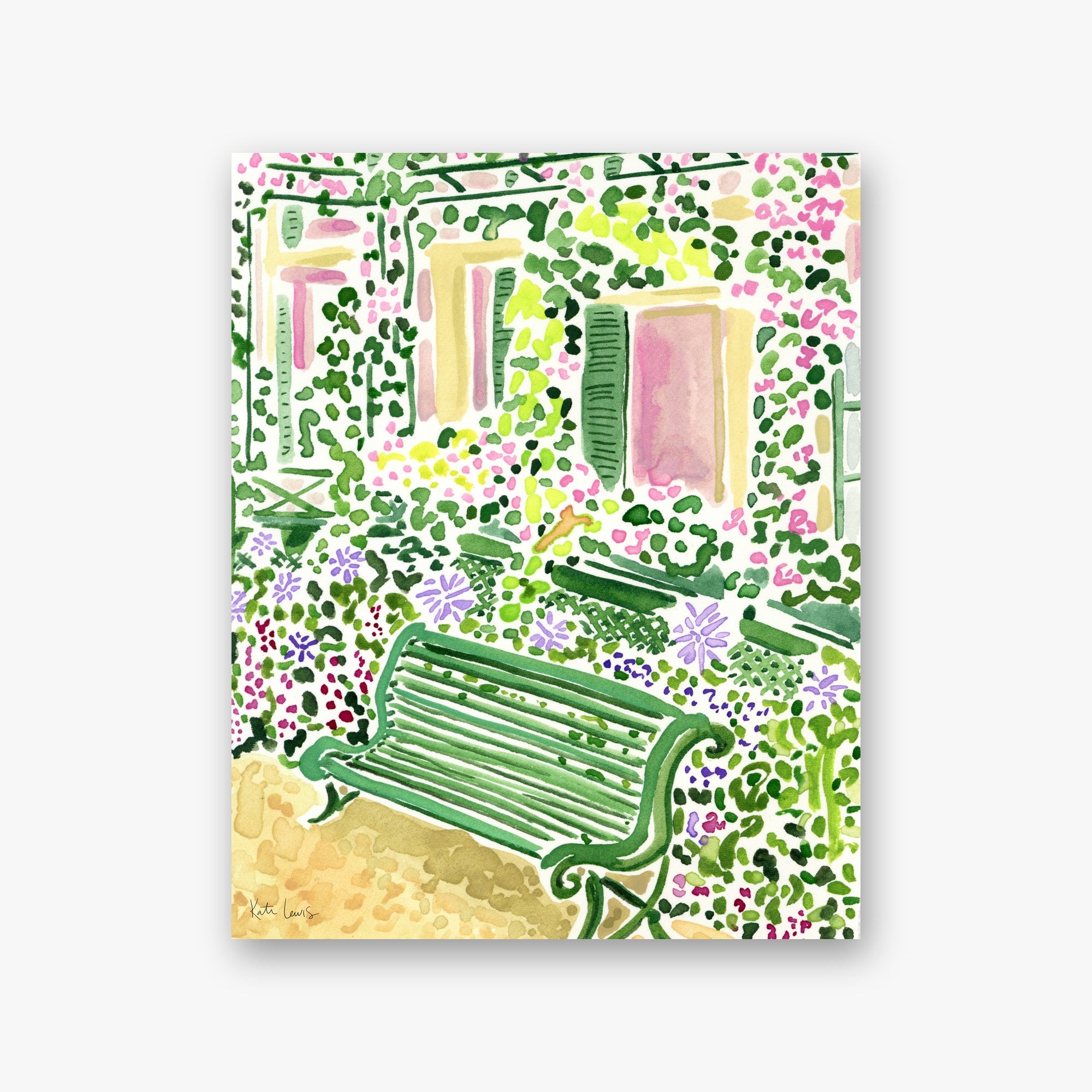 The Garden Bench by Kate Lewis — Green garden bench against a flowering ivy-covered wall with lavender and pink blooms, loose watercolor.