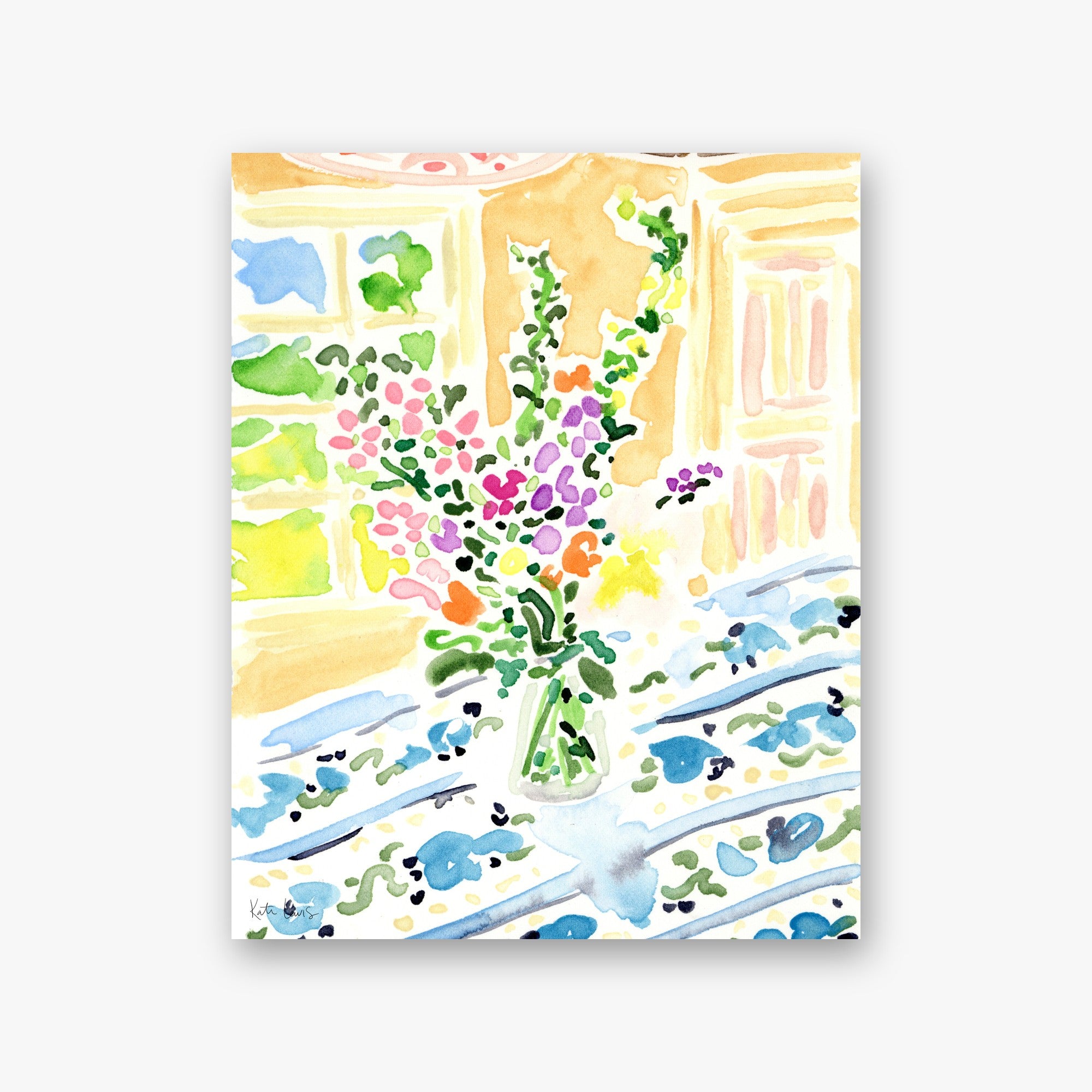 The Garden Bouquet by Kate Lewis — Mixed bouquet of pink and purple blooms in a glass vase on a patterned blue tablecloth, airy watercolor.