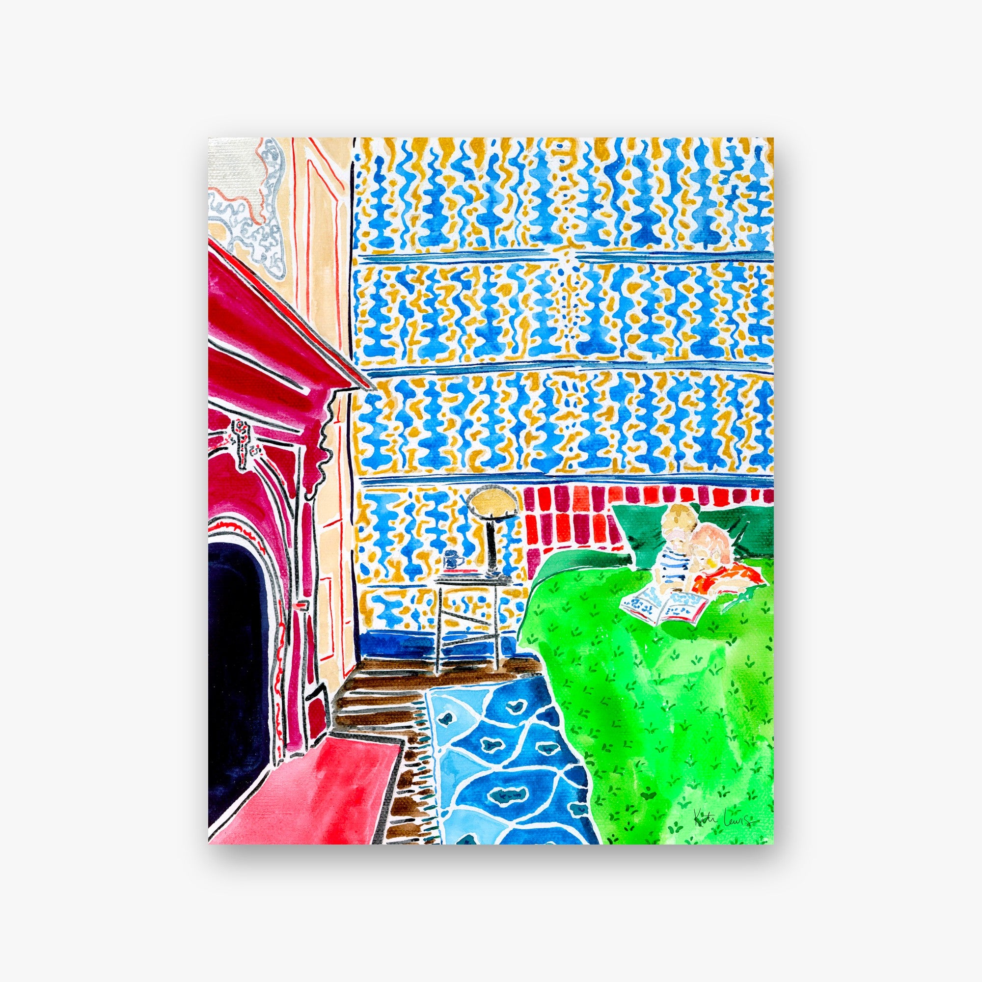 The Kids Are Reading by Kate Lewis — Two children read on a green bed by a red fireplace, blue-and-gold patterned walls, bold ink-and-gouache.