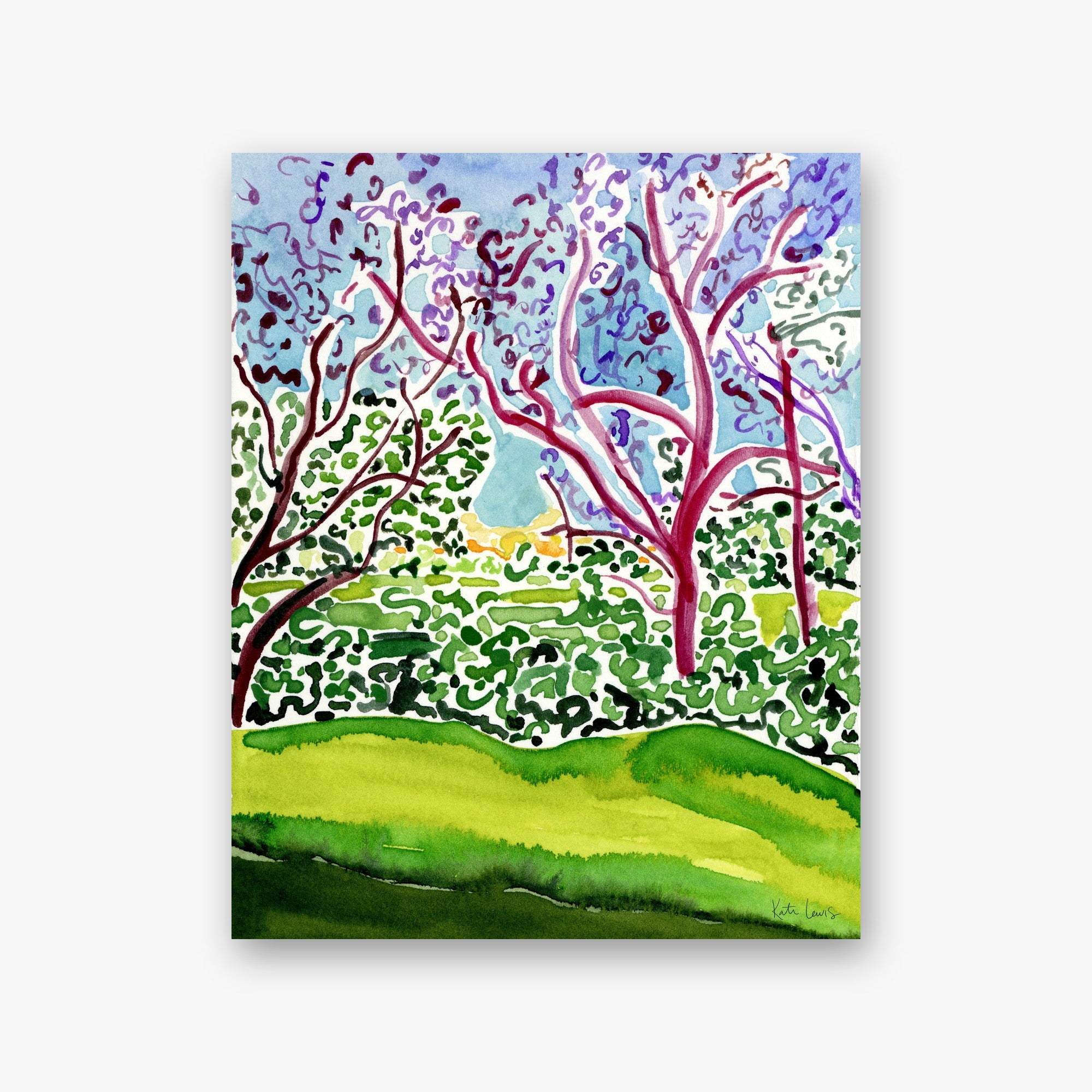 The Orchard in Bloom by Kate Lewis — Magenta-trunked trees with lavender canopies over rolling green hills; energetic watercolor landscape.