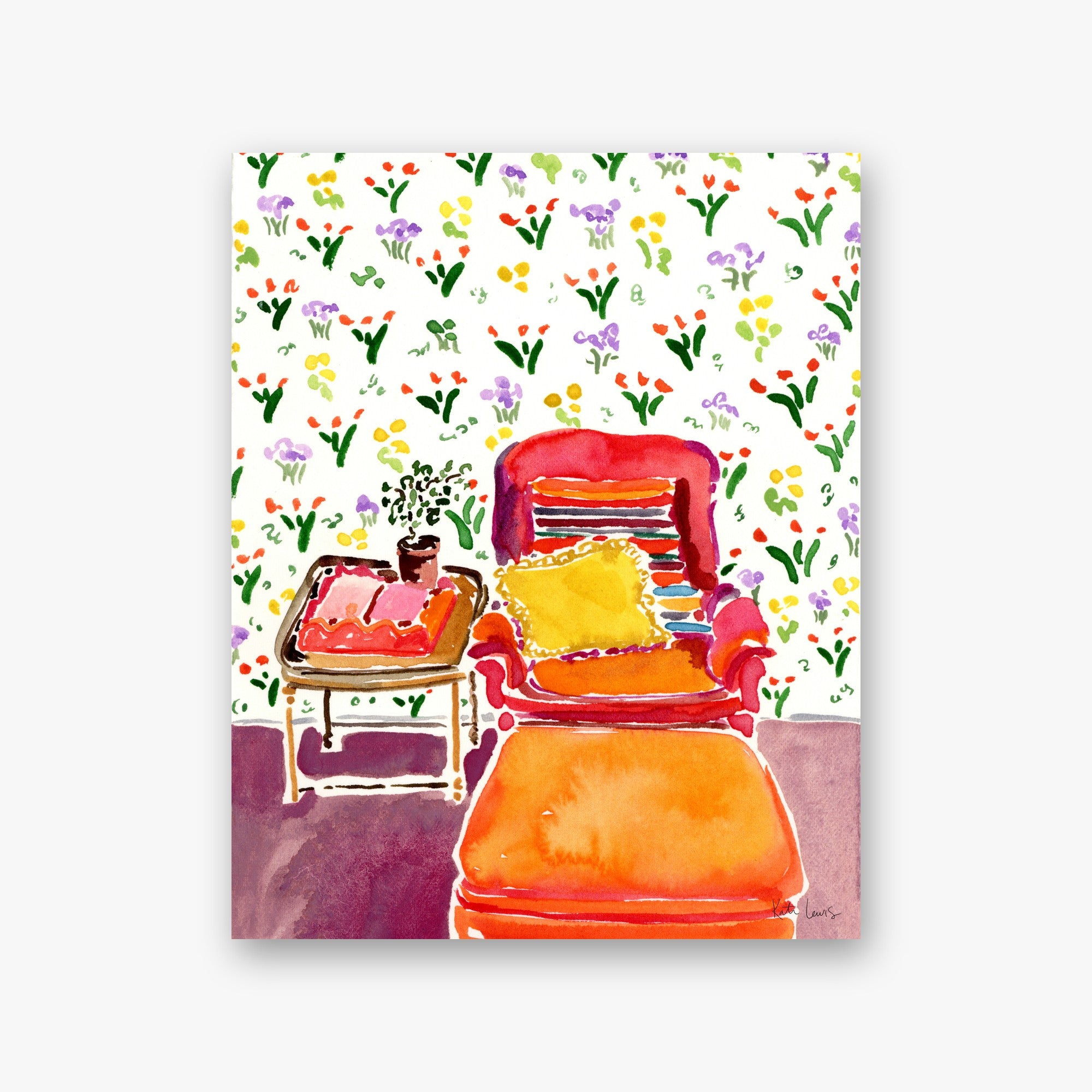 The Reading Chair at Svenskt Tenn by Kate Lewis — Bright orange velvet armchair with yellow cushion against floral wallpaper and side table; lively watercolor.