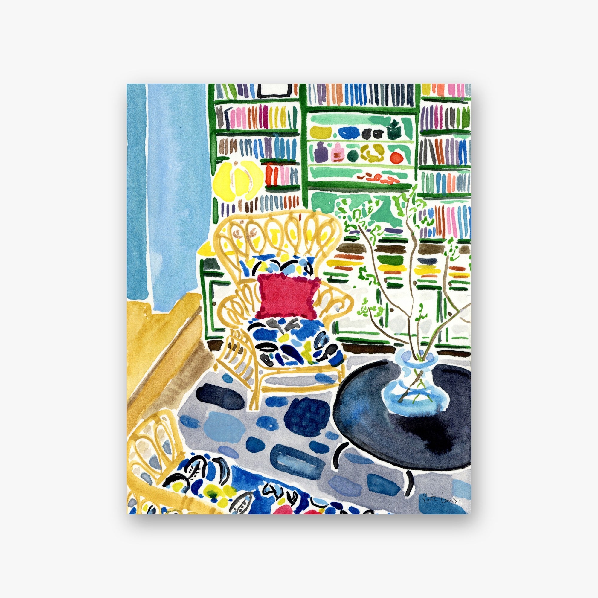 The Reading Room in Stockholm by Kate Lewis — Yellow rattan chairs and a dark table before colorful bookshelves, with a blue rug, lively watercolor.