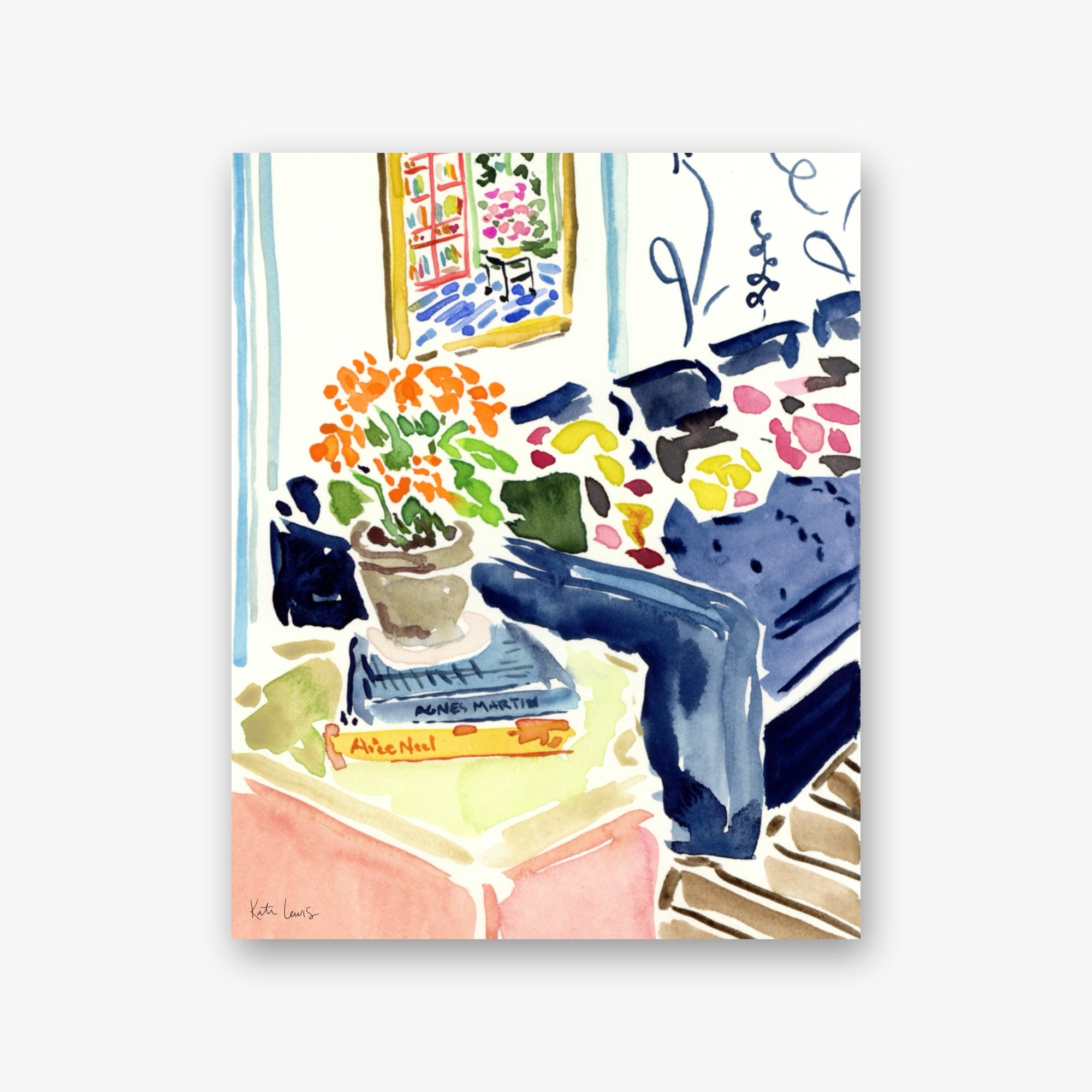 The Sitting Room by Kate Lewis — Living room corner with navy sofa, orange potted plant, art books and sunny window view, loose watercolor.