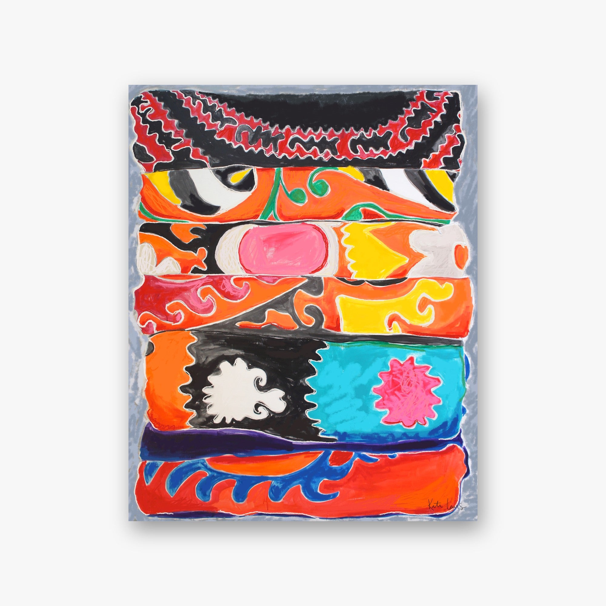 The Stack by Kate Lewis — Abstract stack of vividly patterned folded textiles in orange, black, red, and turquoise, in bold paint.