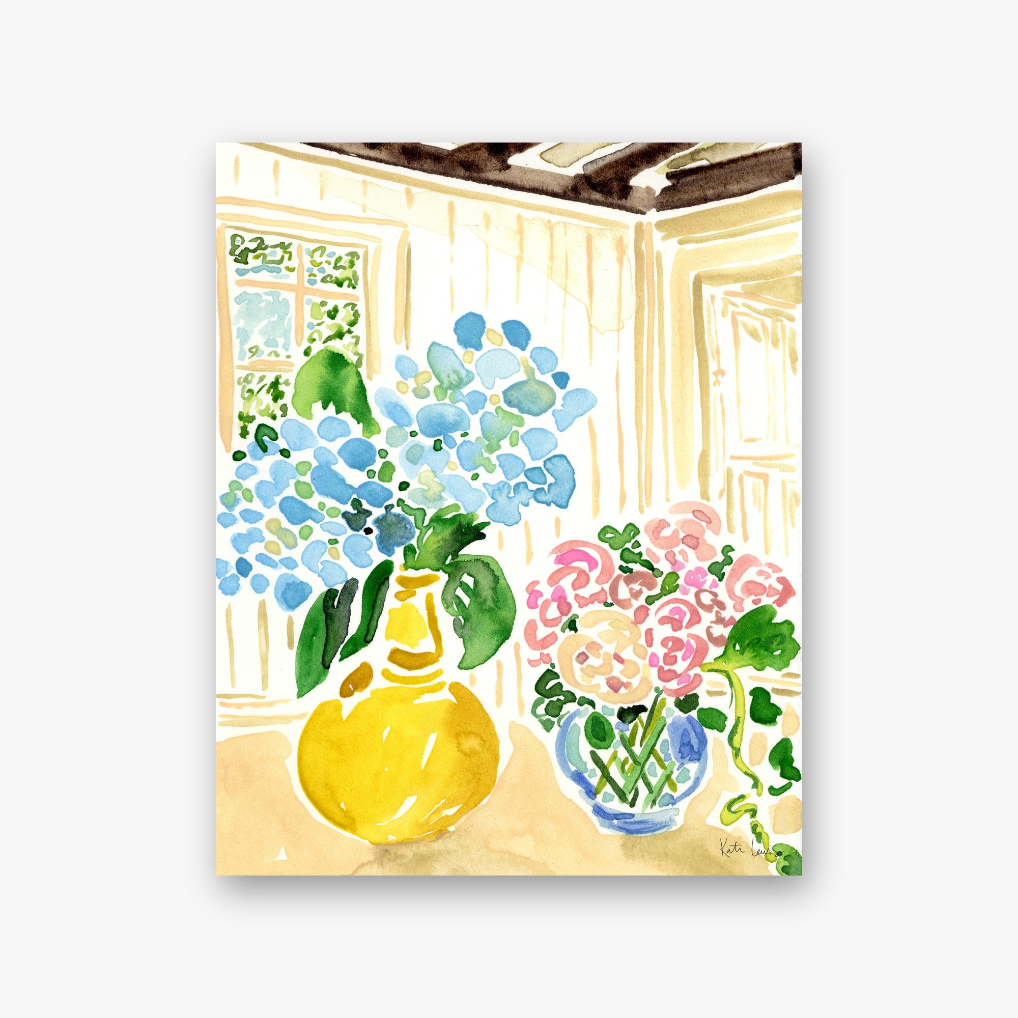 The Yellow Pitcher by Kate Lewis — Sunlit interior with blue hydrangeas in a yellow vase and pink roses; airy watercolor.