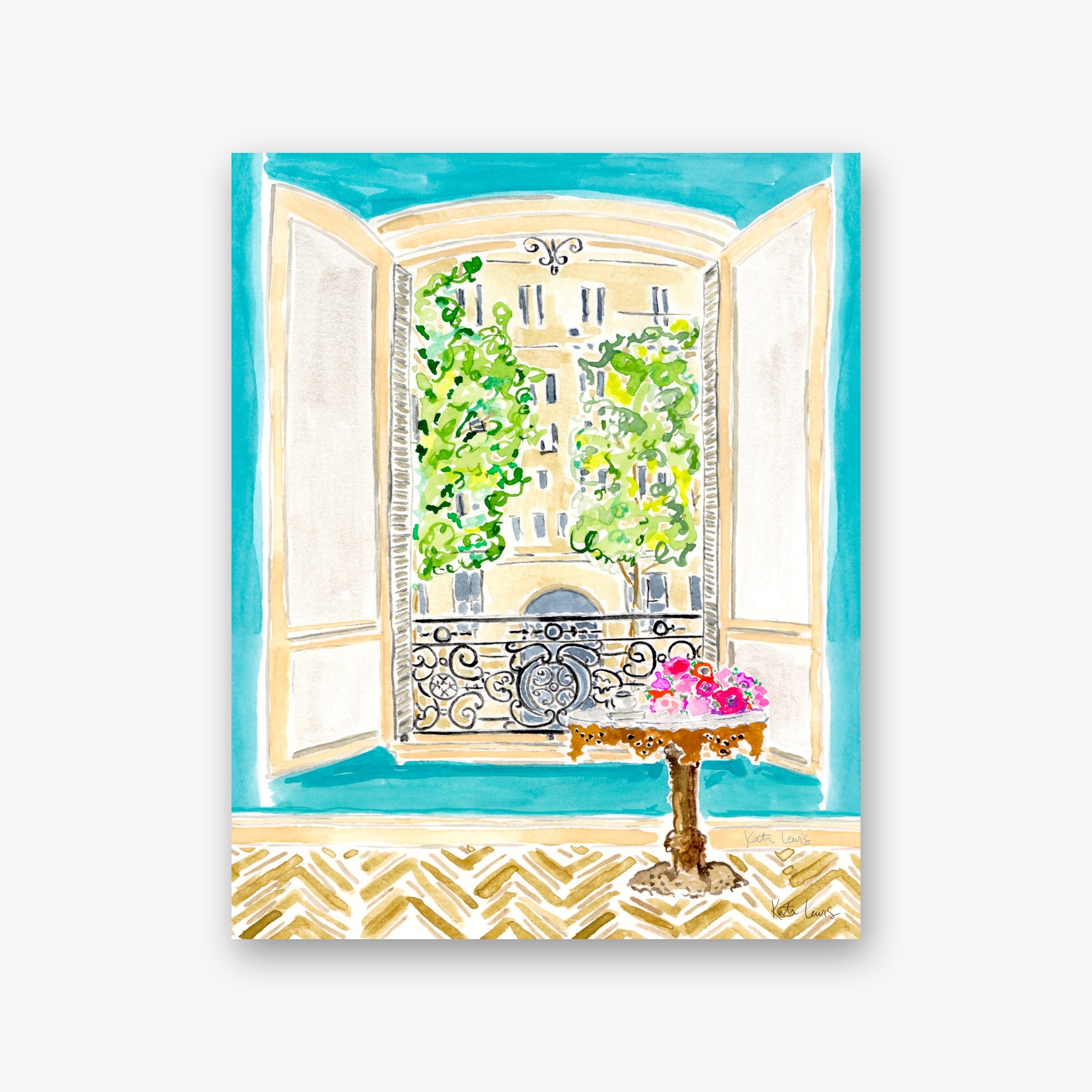 View in Paris by Kate Lewis — Watercolor open window with wrought-iron balcony, leafy trees, and pink flowers on a side table.