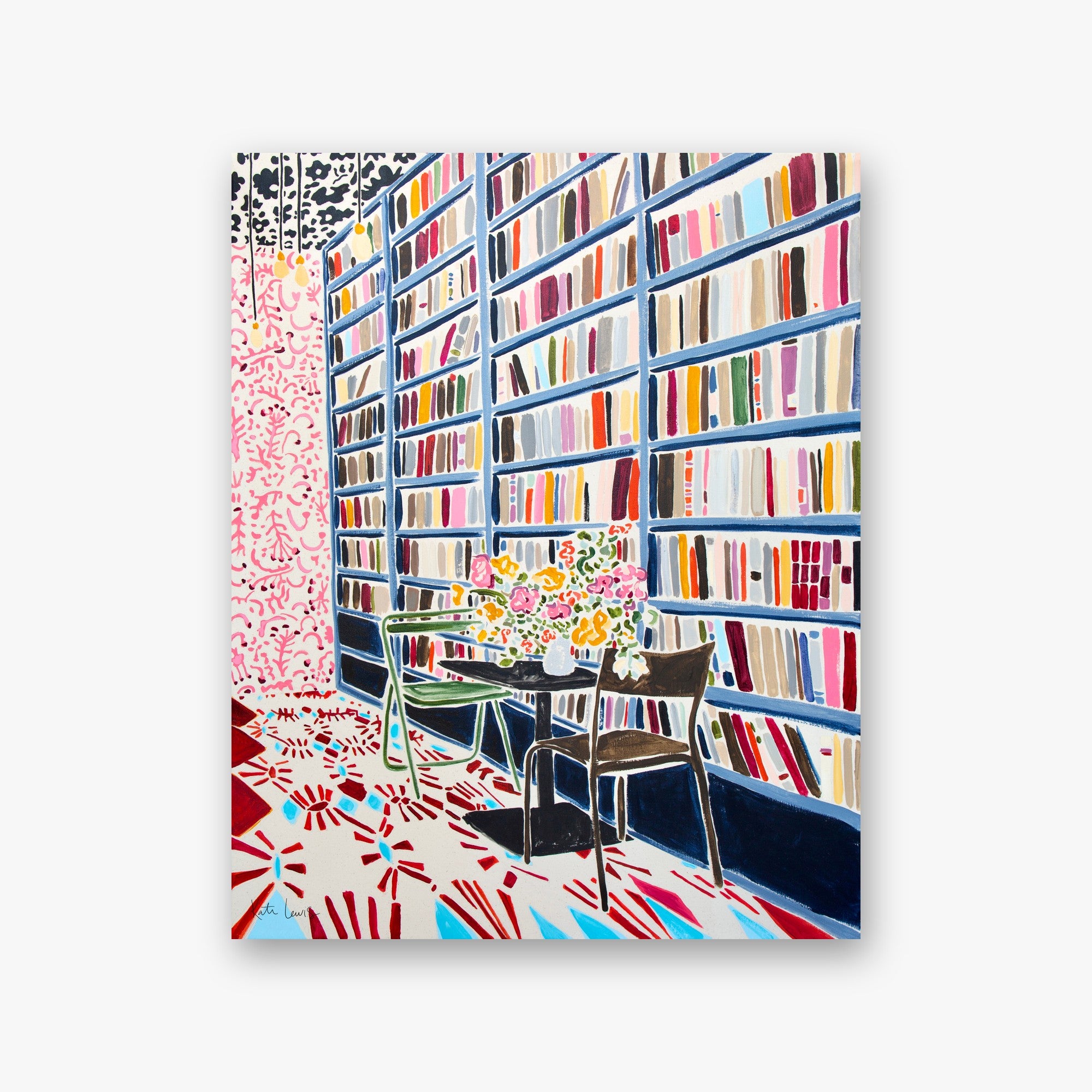 Where I Dream by Kate Lewis — Towering blue bookshelves flank a bistro table with flowers on a patterned red-and-cream floor, bold acrylic.