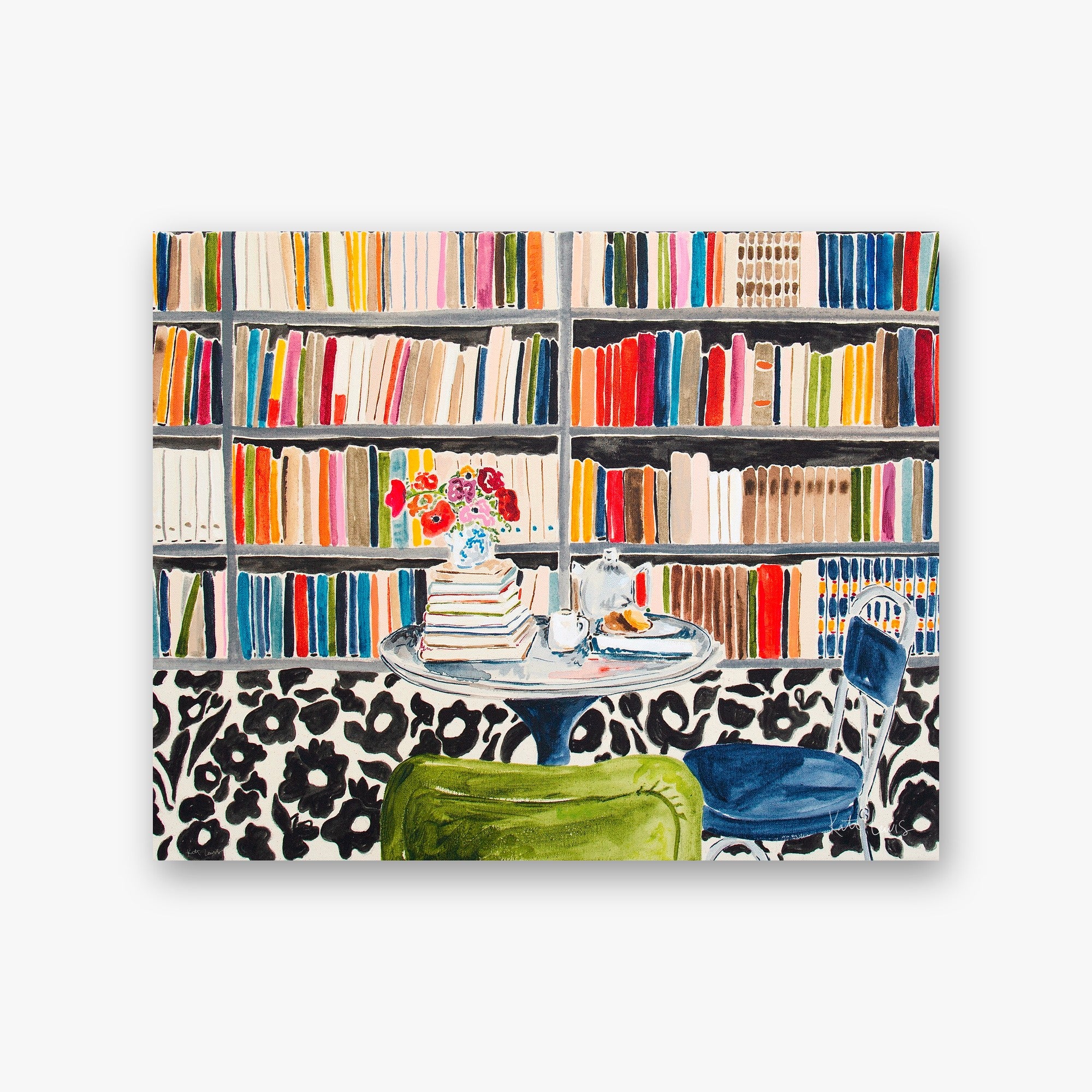 Where I Want to Be by Kate Lewis — Cafe table with books and flowers before floor-to-ceiling colorful bookshelves and leopard-print floor, vibrant gouache.