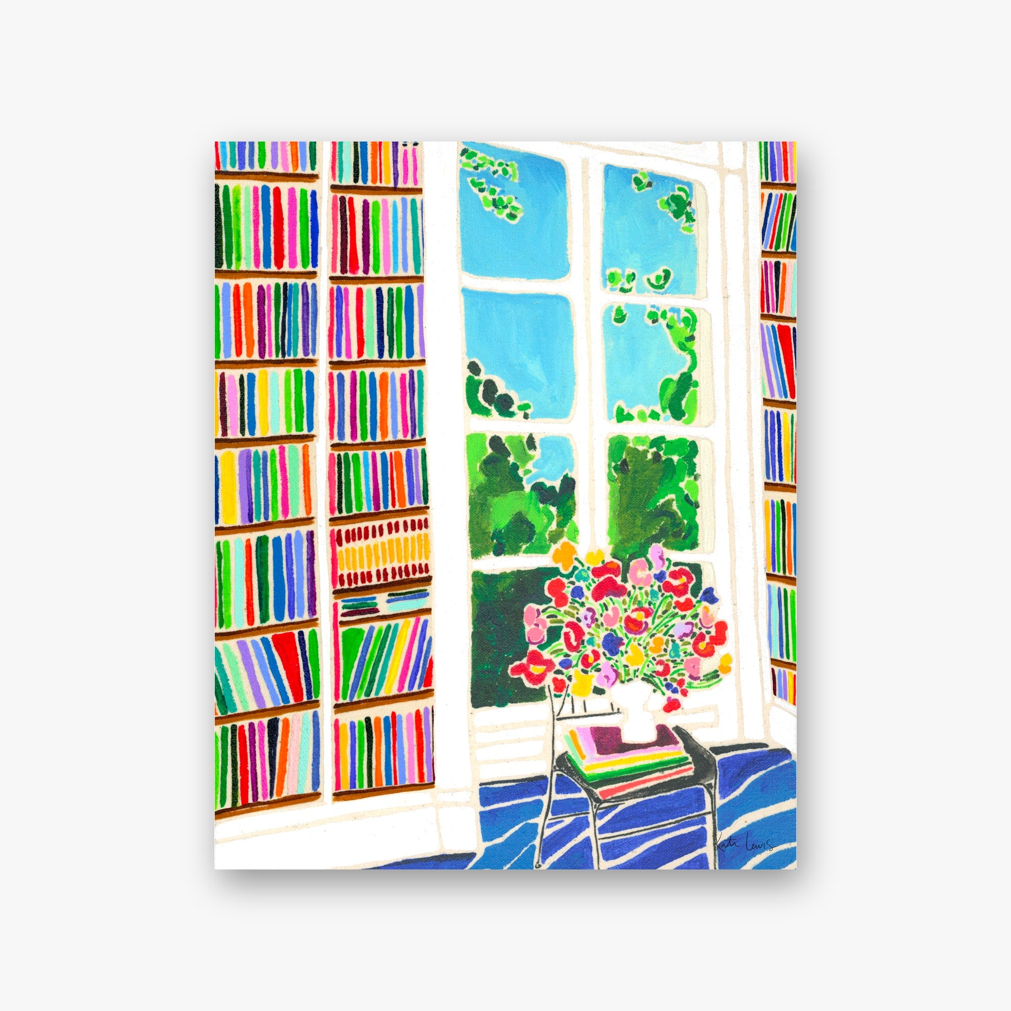 Window with Flowers by Kate Lewis — Sunlit library window over a garden, wildflower bouquet and books on a stool, painted in gouache.