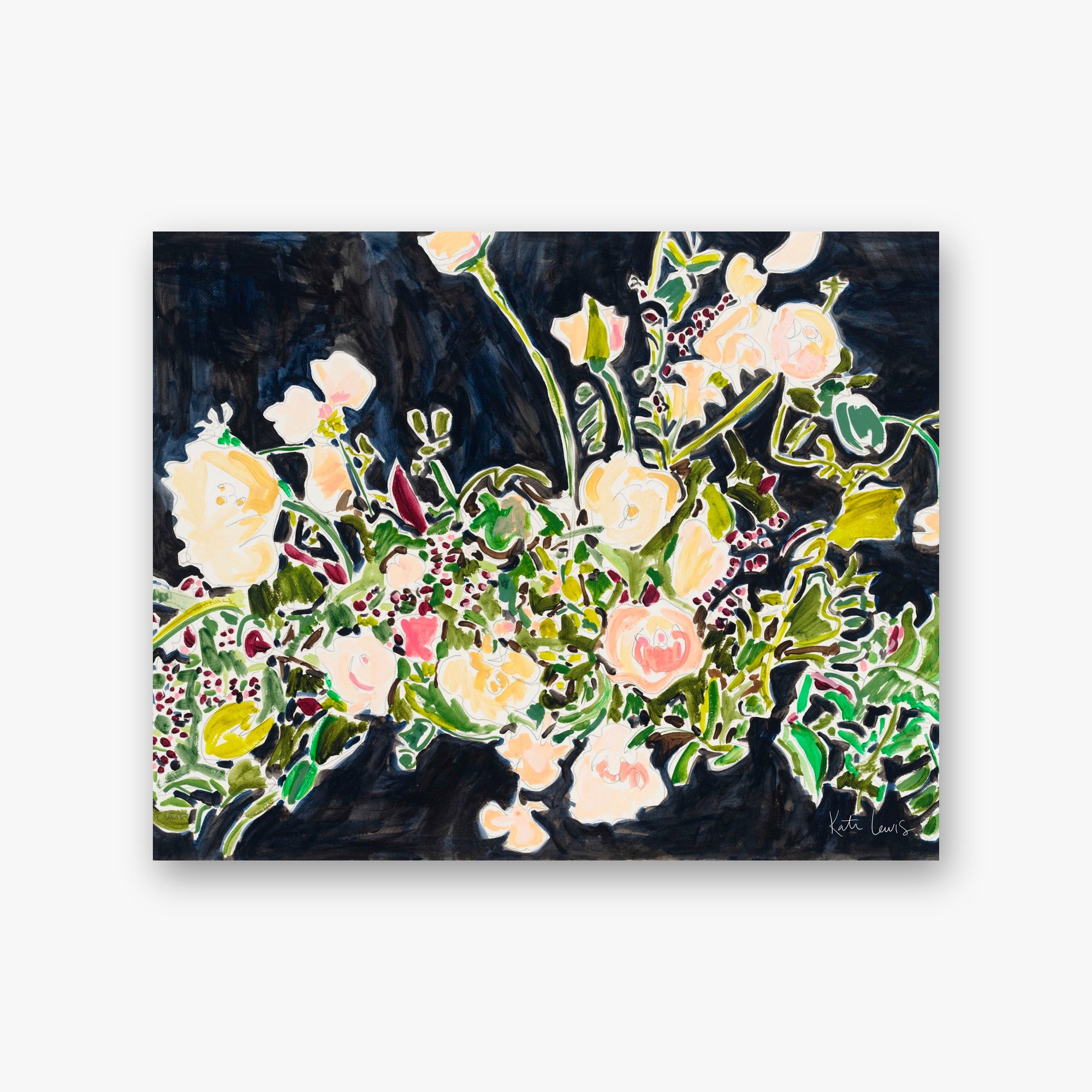 Without You by Kate Lewis — Loose watercolor of blush and peach roses with green foliage glowing against a dark navy background.