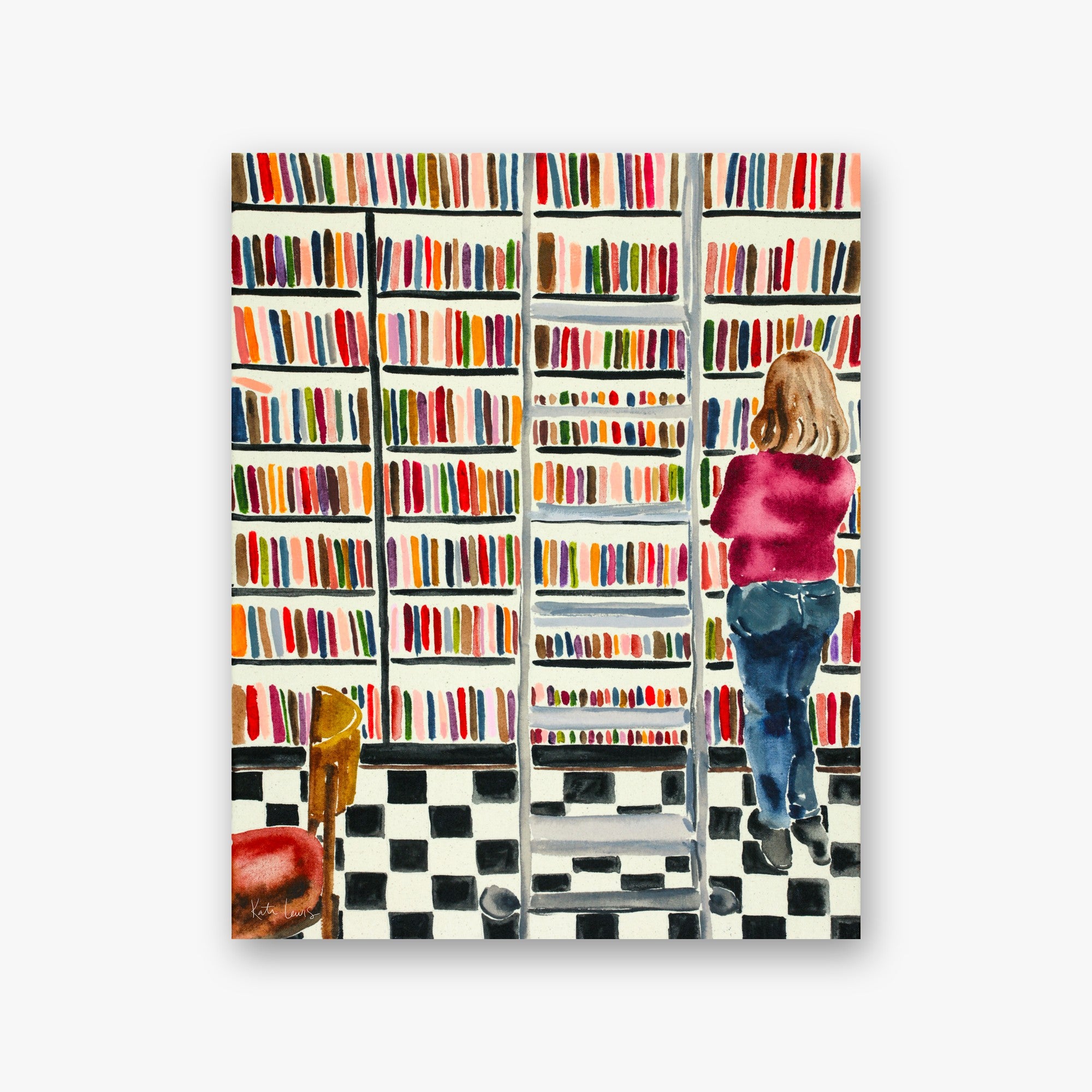 Working on a Dream by Kate Lewis — Watercolor bookshop with blonde woman in pink browsing rainbow shelves above checkerboard floor.
