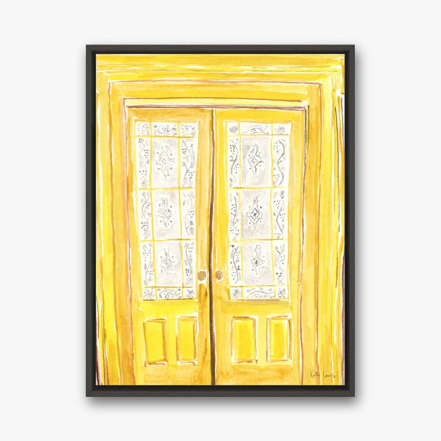 Louise Bourgeois's Yellow Doors in a black gallery float frame