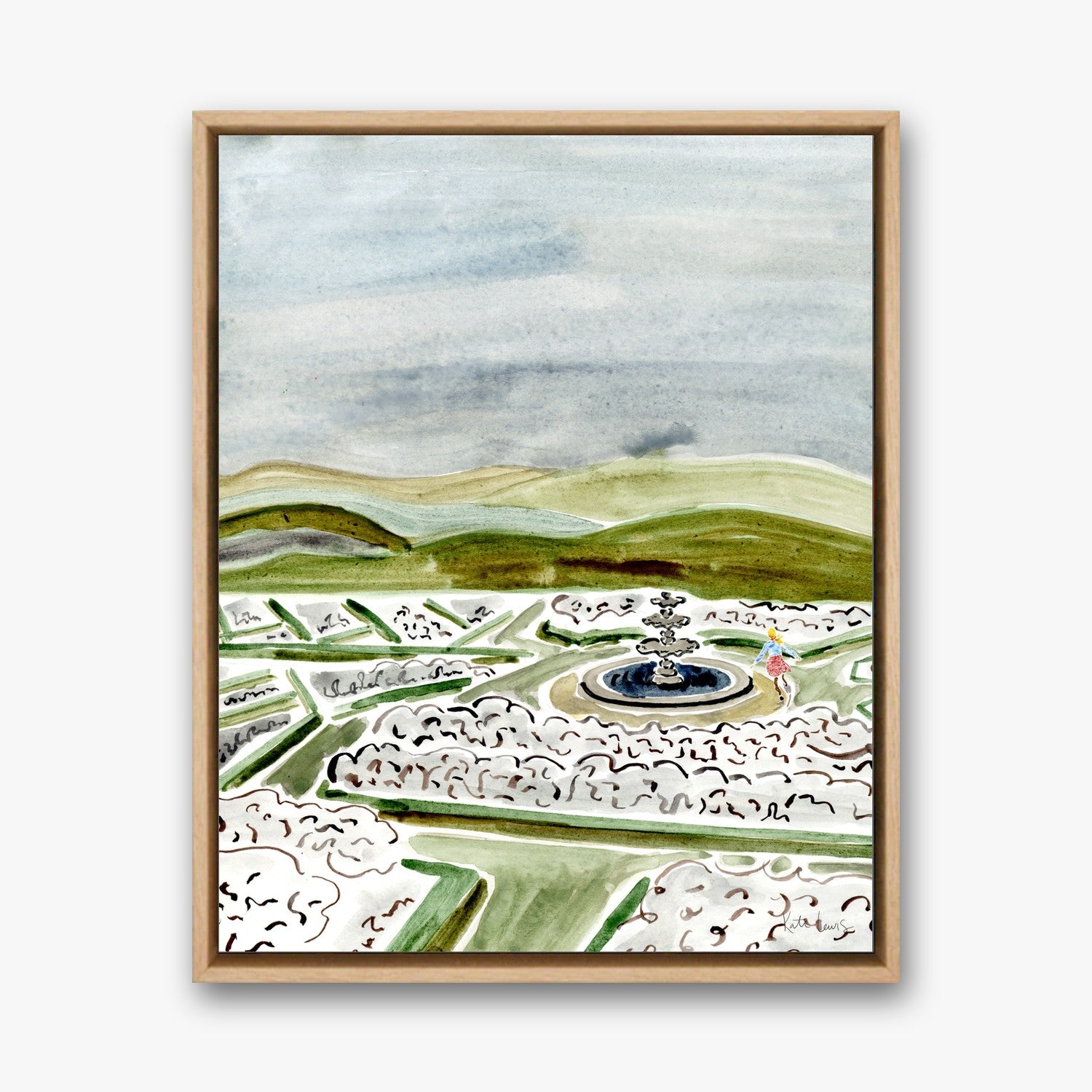 Mary and the Fountain in a natural oak gallery float frame