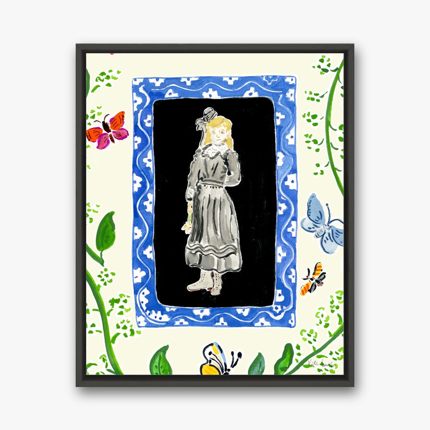 Mary in a Garden of Blooms in a black gallery float frame