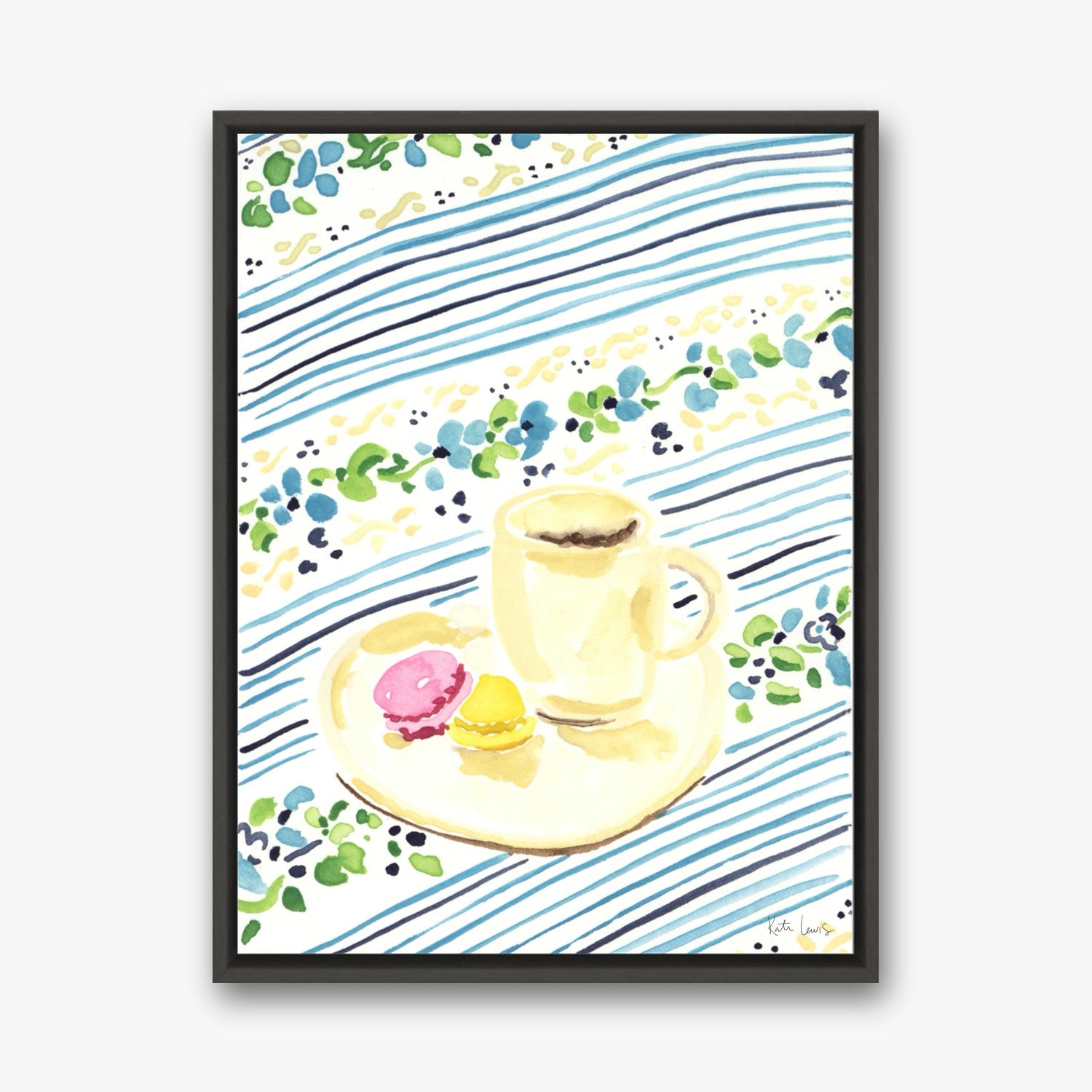 Morning Coffee and Macarons by Kate Lewis in a black frame