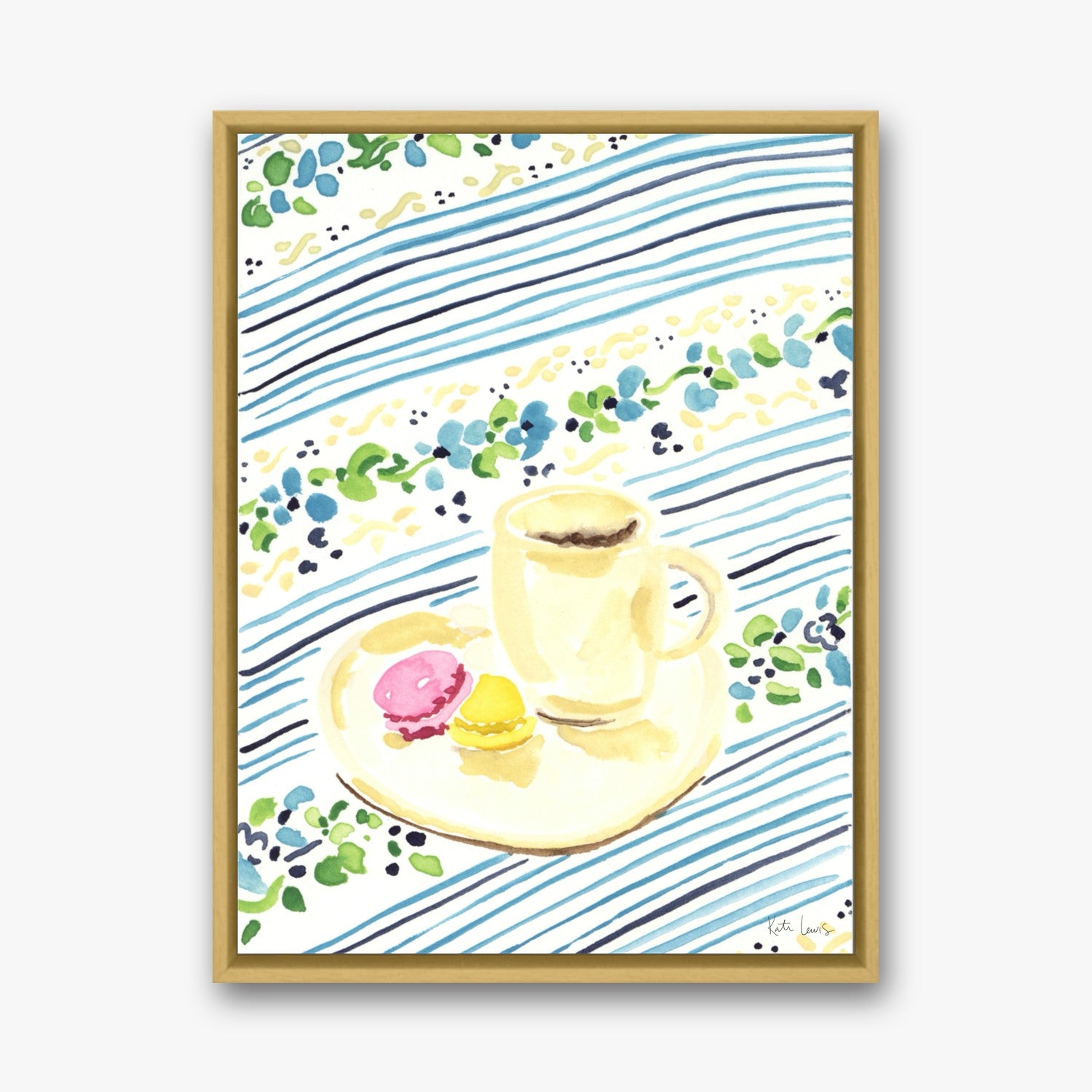 Morning Coffee and Macarons by Kate Lewis in a gold frame