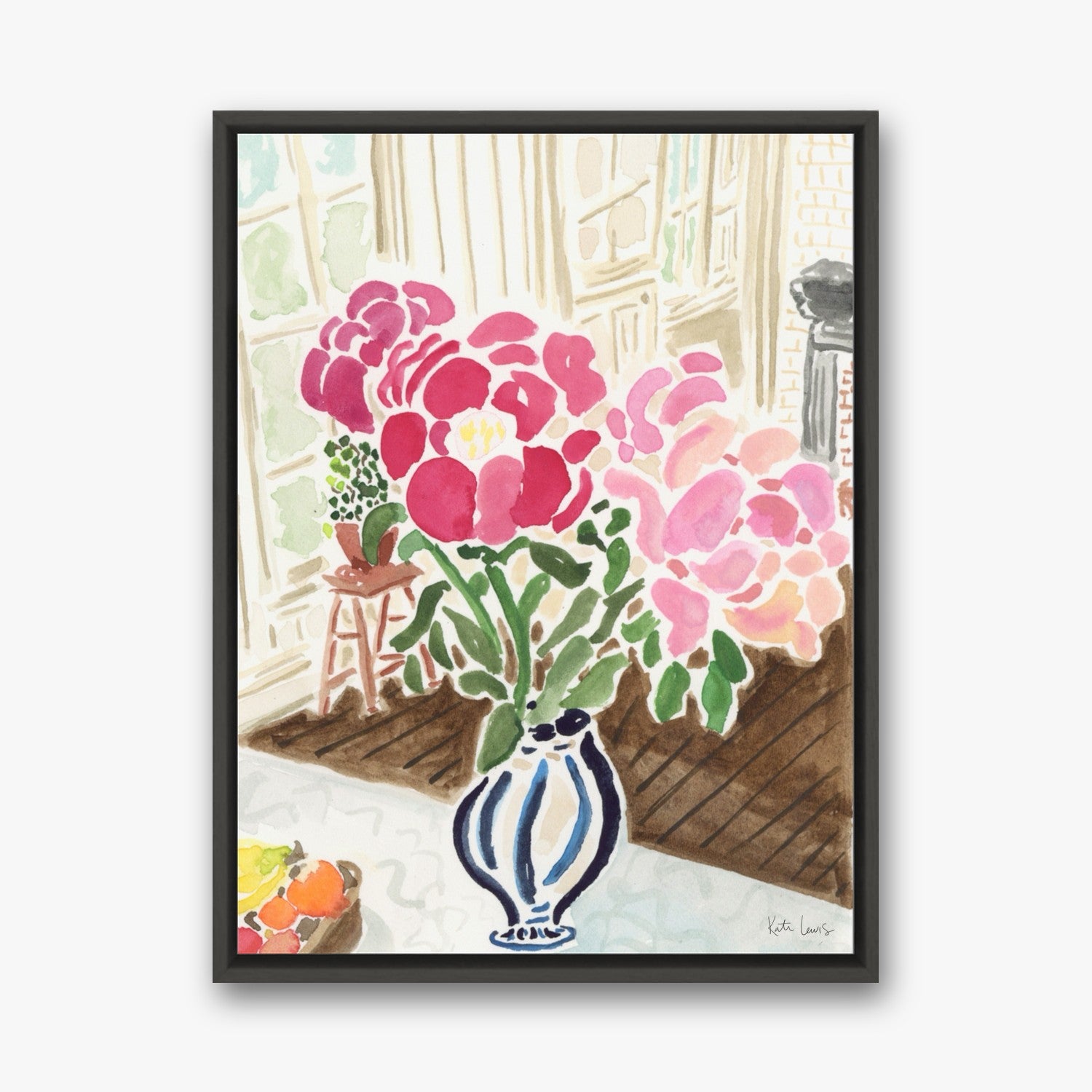 Pink Peonies by the Window by Kate Lewis in a black frame