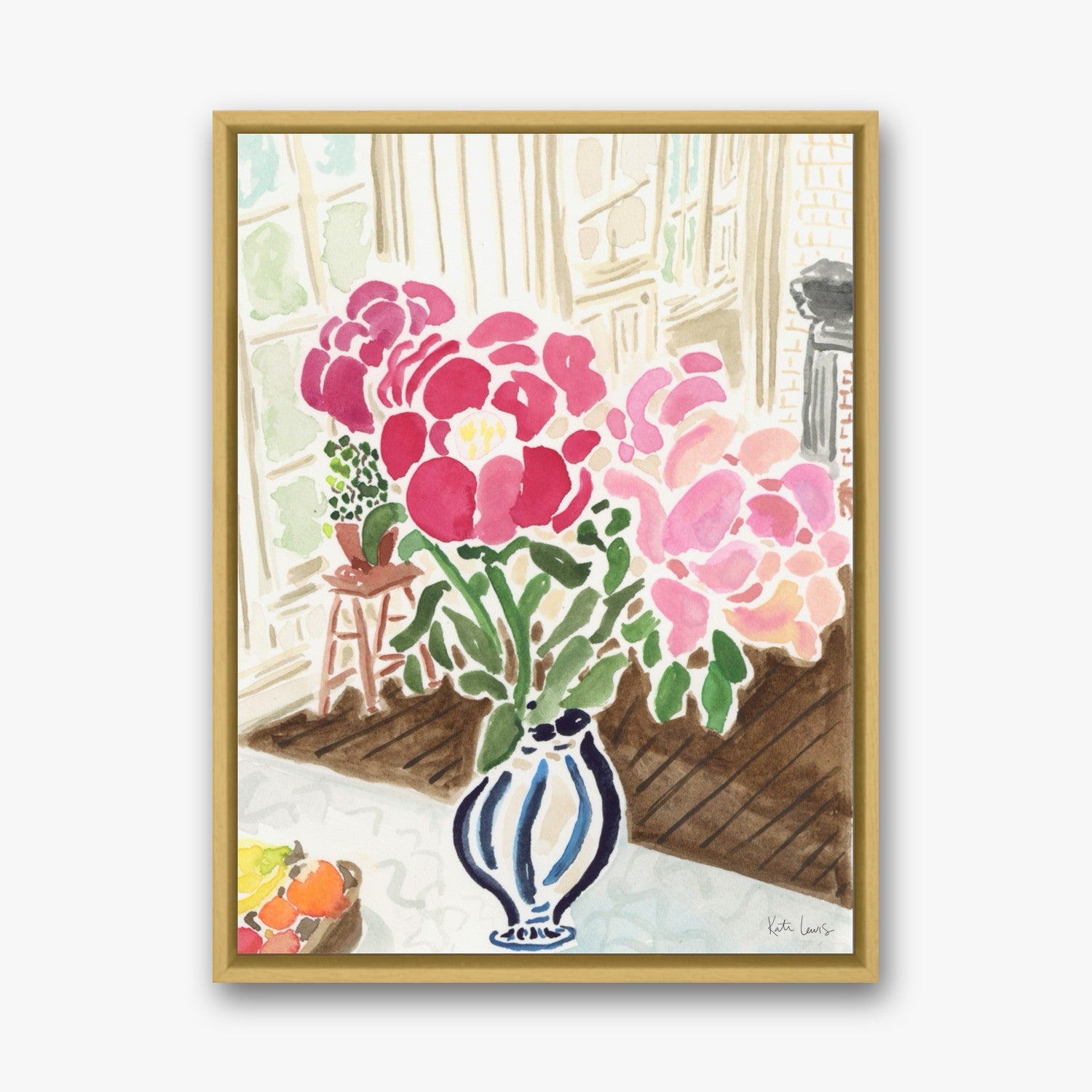 Pink Peonies by the Window by Kate Lewis in a gold frame