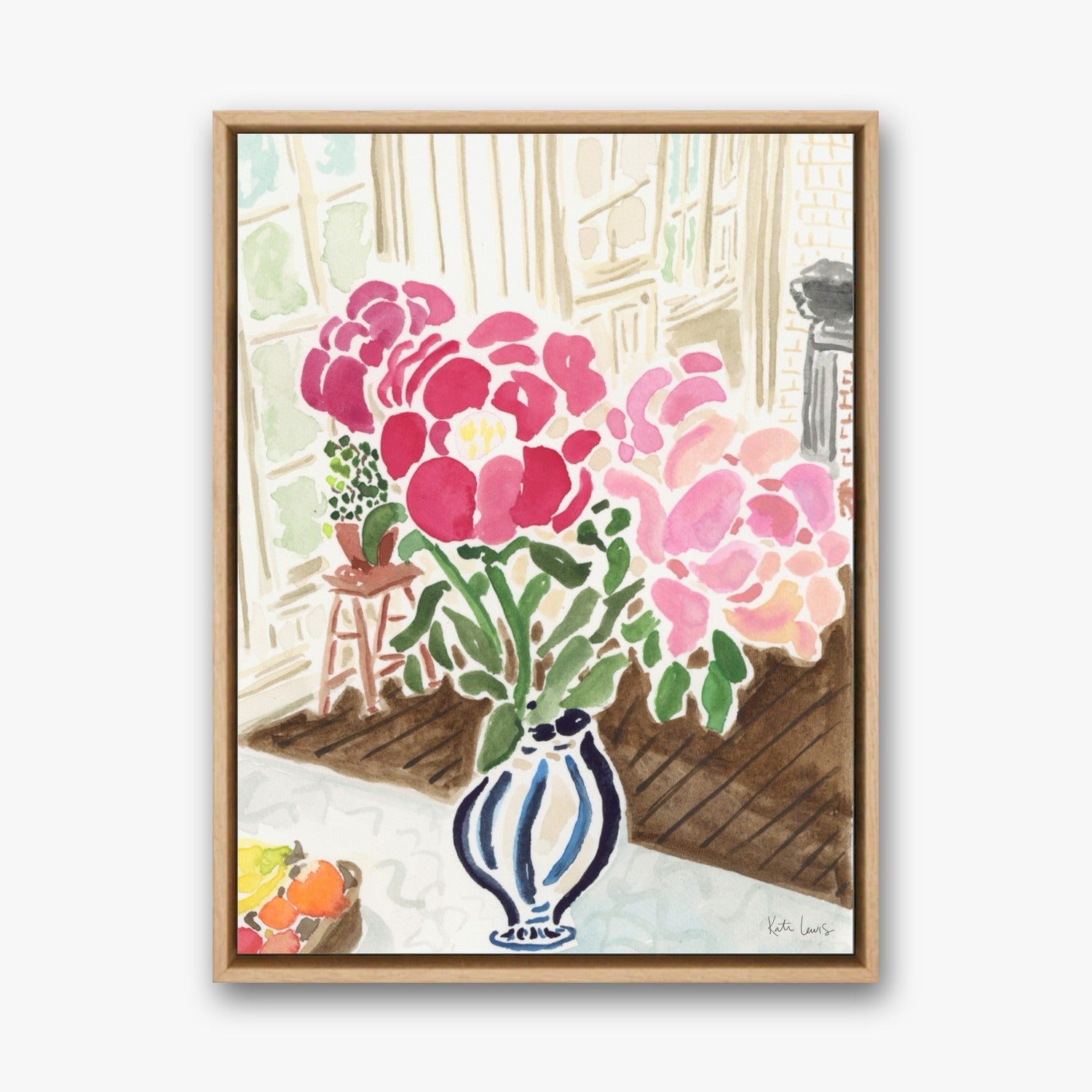 Pink Peonies by the Window by Kate Lewis in a natural oak frame