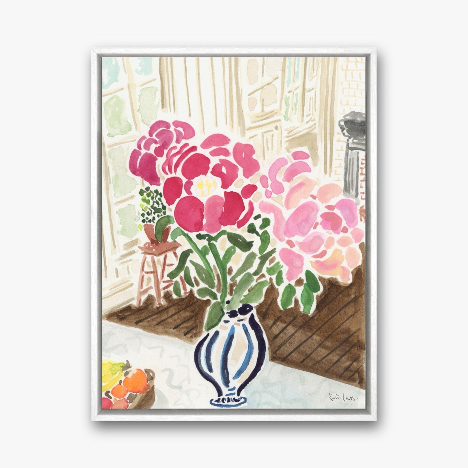 Pink Peonies by the Window by Kate Lewis in a white frame
