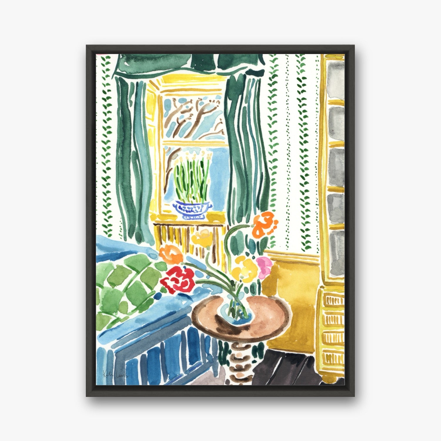 Sunlit Room with Flowers by Kate Lewis in a black frame