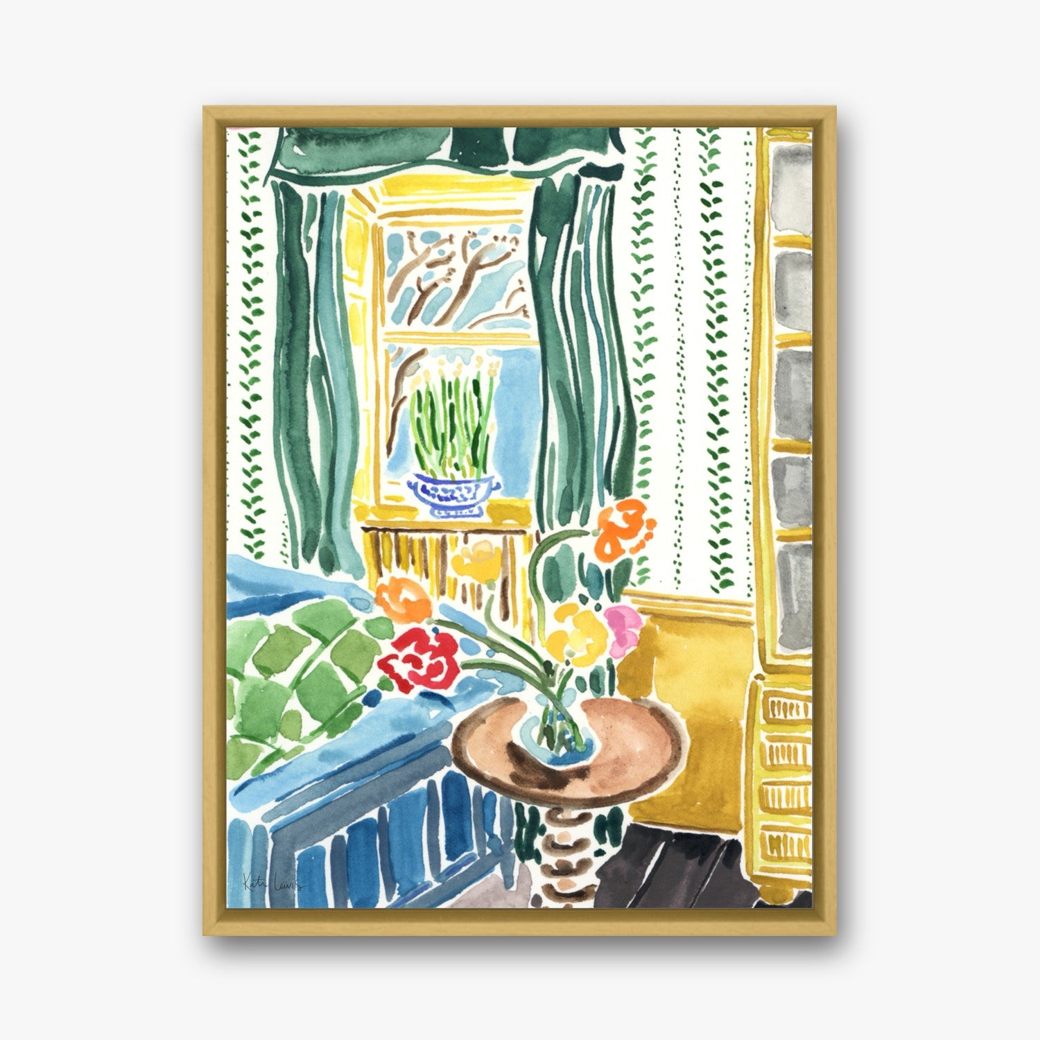 Sunlit Room with Flowers by Kate Lewis in a gold frame