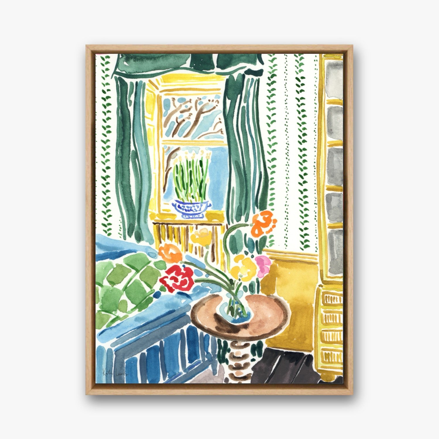 Sunlit Room with Flowers by Kate Lewis in a natural oak frame