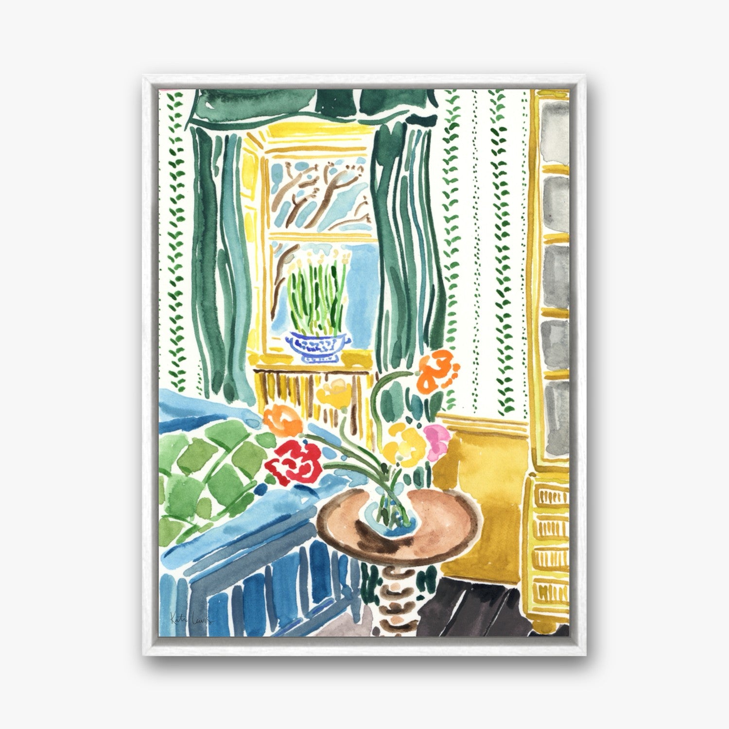 Sunlit Room with Flowers by Kate Lewis in a white frame