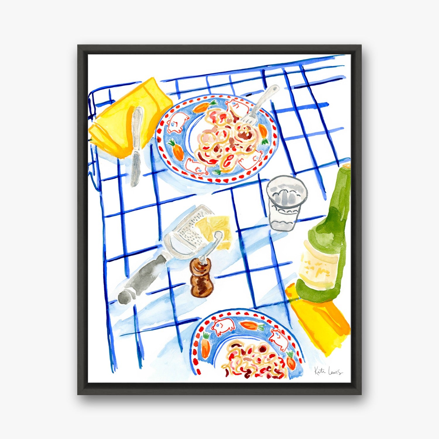 Table Scape with Blue Cloth by Kate Lewis in a black frame
