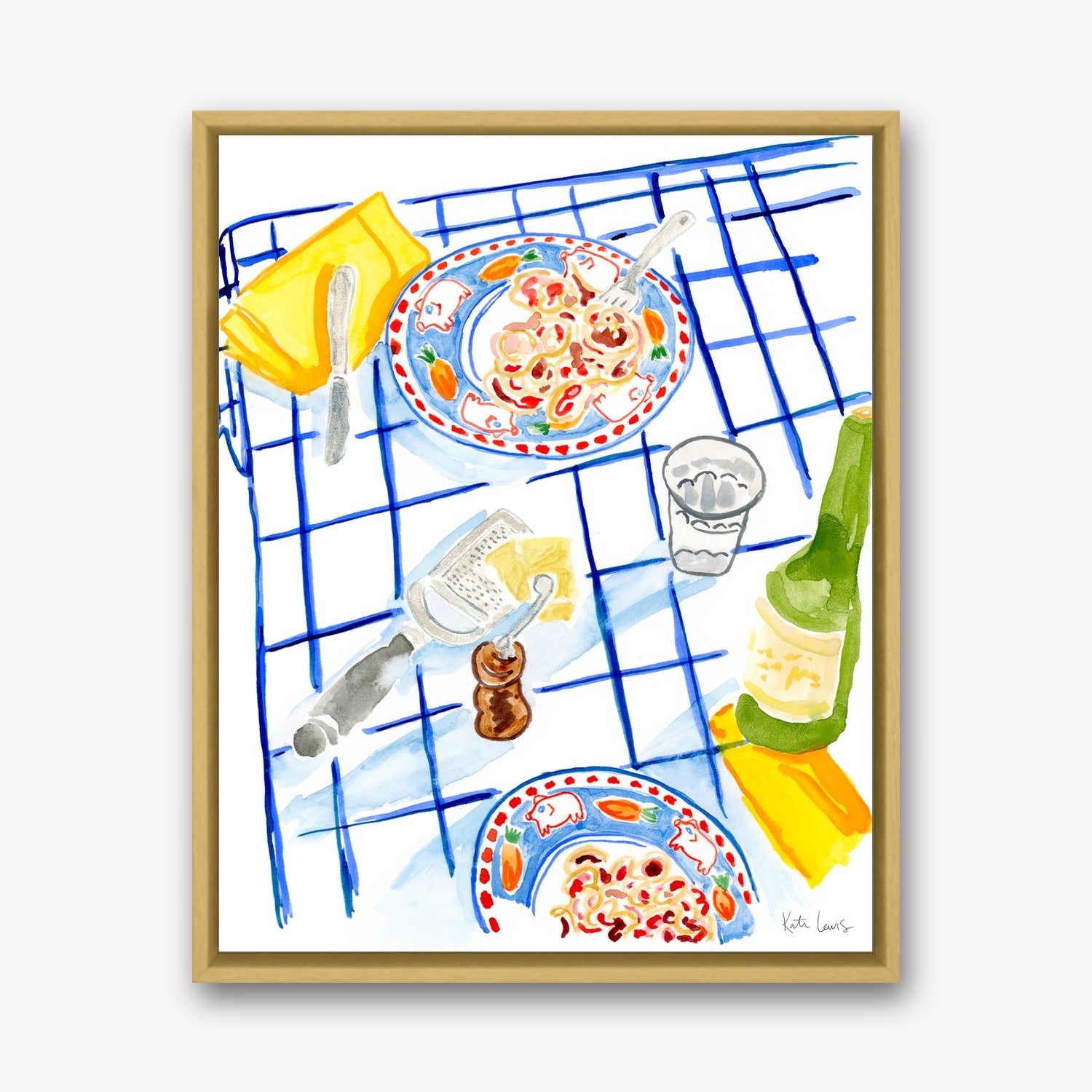 Table Scape with Blue Cloth by Kate Lewis in a gold frame