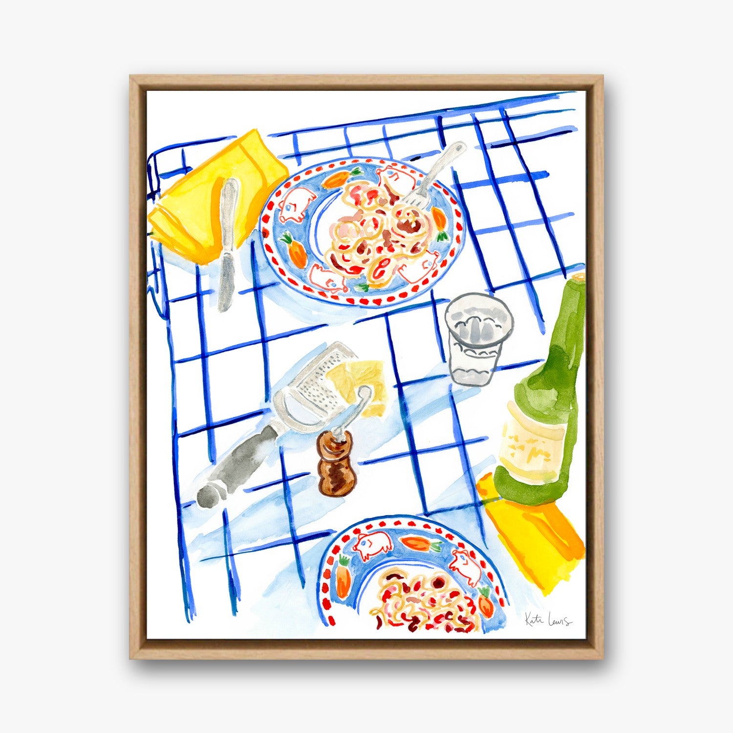 Table Scape with Blue Cloth by Kate Lewis in a natural oak frame