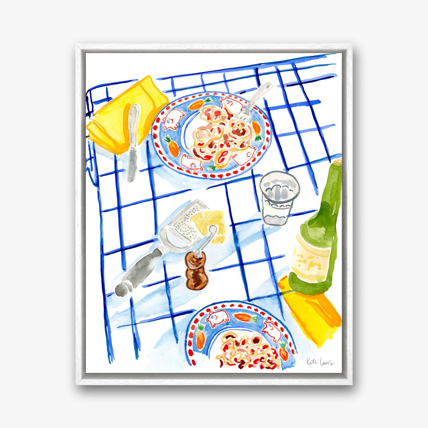 Table Scape with Blue Cloth by Kate Lewis in a white frame