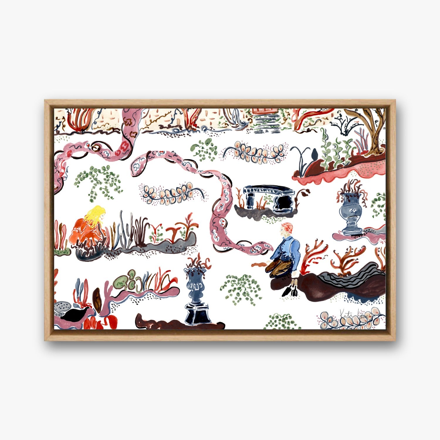 Tending the Secret Garden in a natural oak gallery float frame