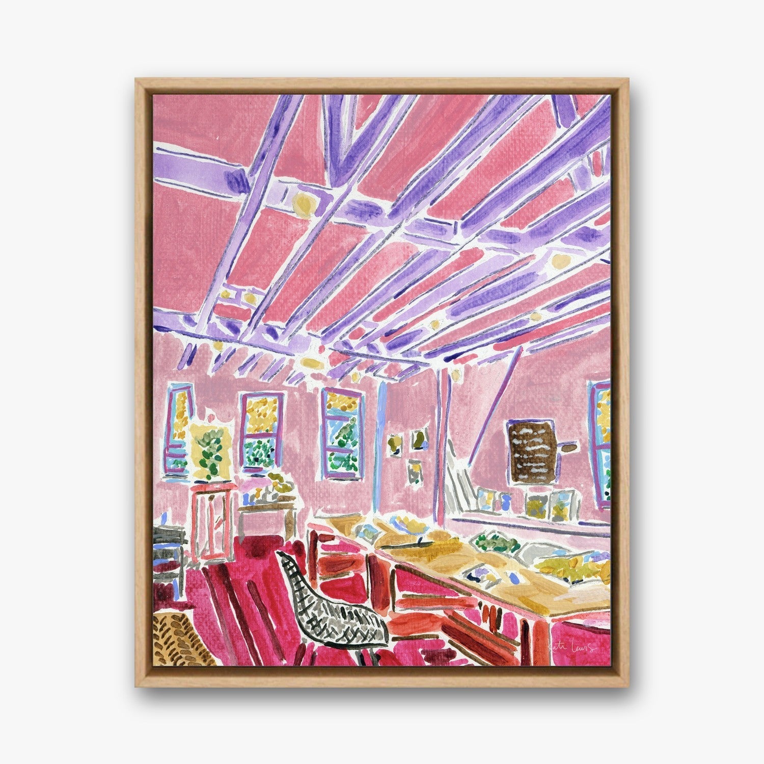 The Pink Room in a Natural Oak float frame