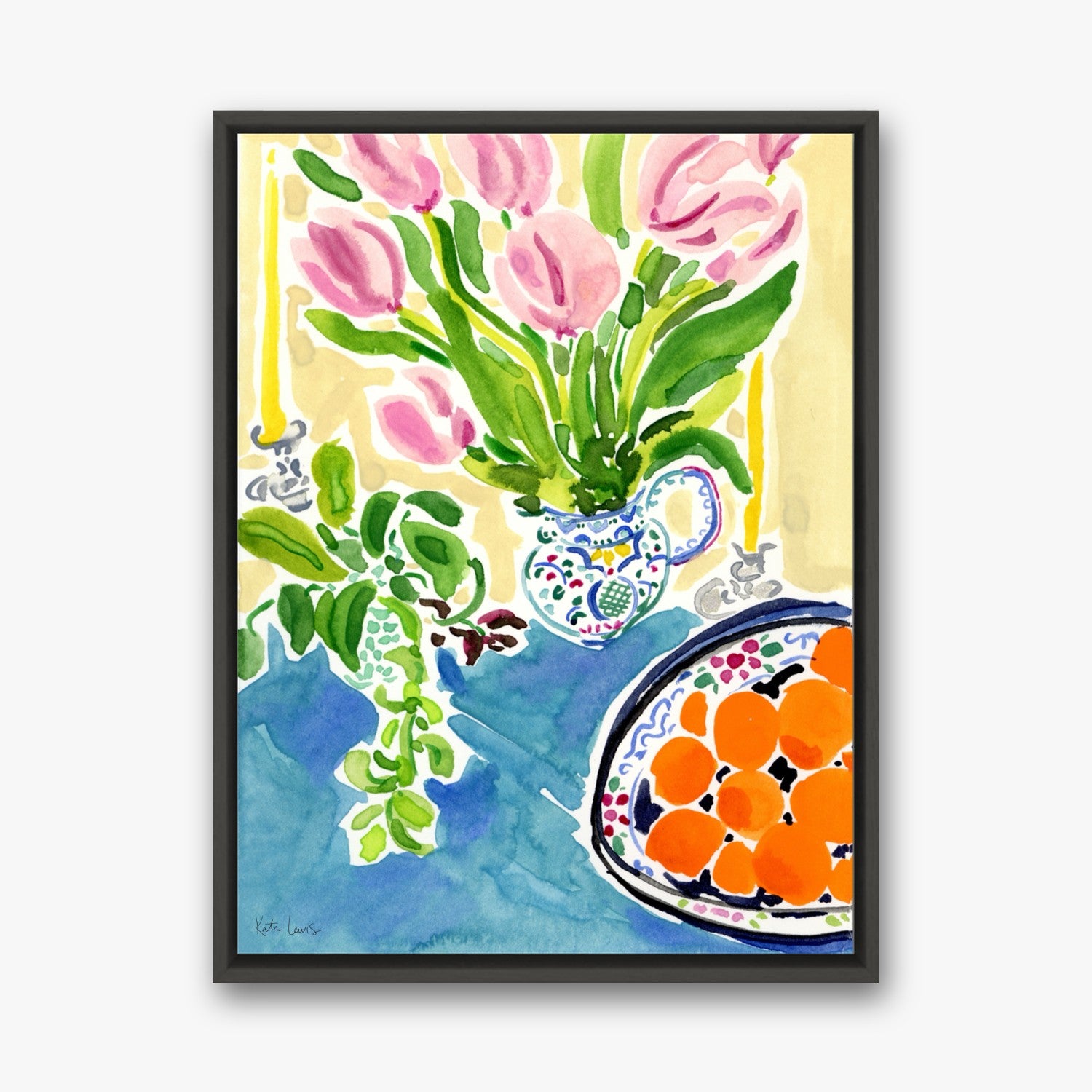 Tulips and Oranges by Kate Lewis in a black frame