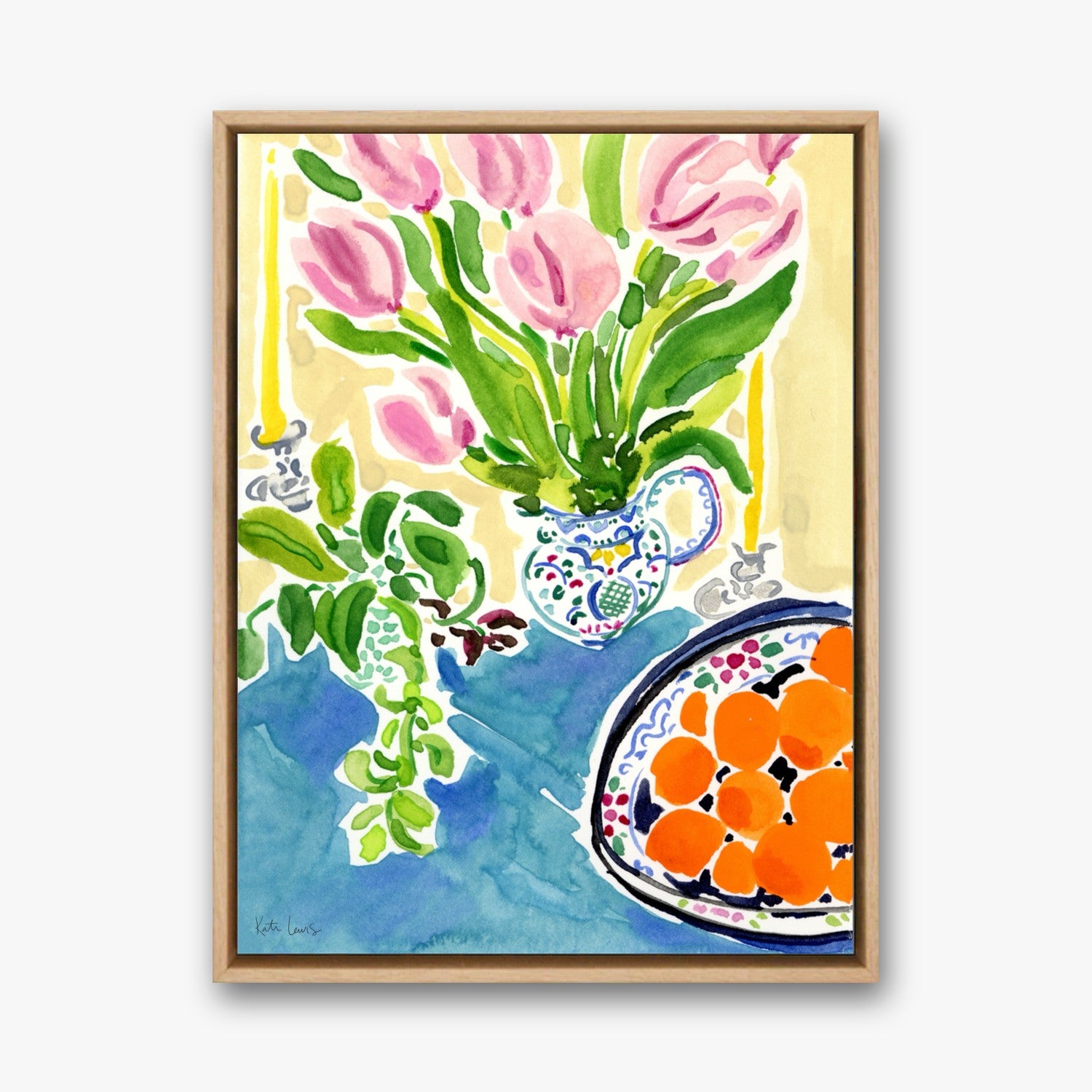 Tulips and Oranges by Kate Lewis in a natural oak frame