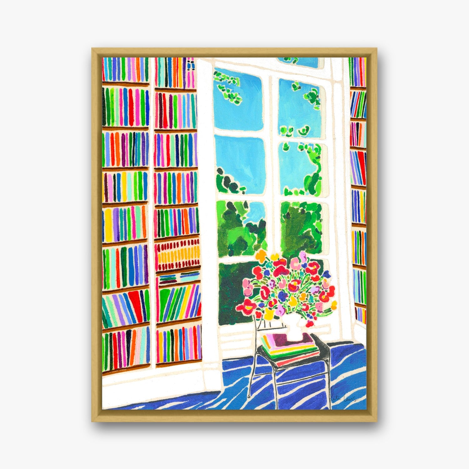 Window with Flowers by Kate Lewis in a gold frame