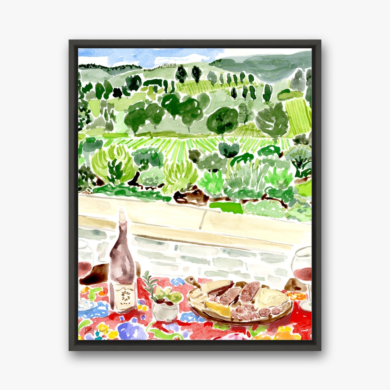 Wine and Cheese by Kate Lewis in a black frame