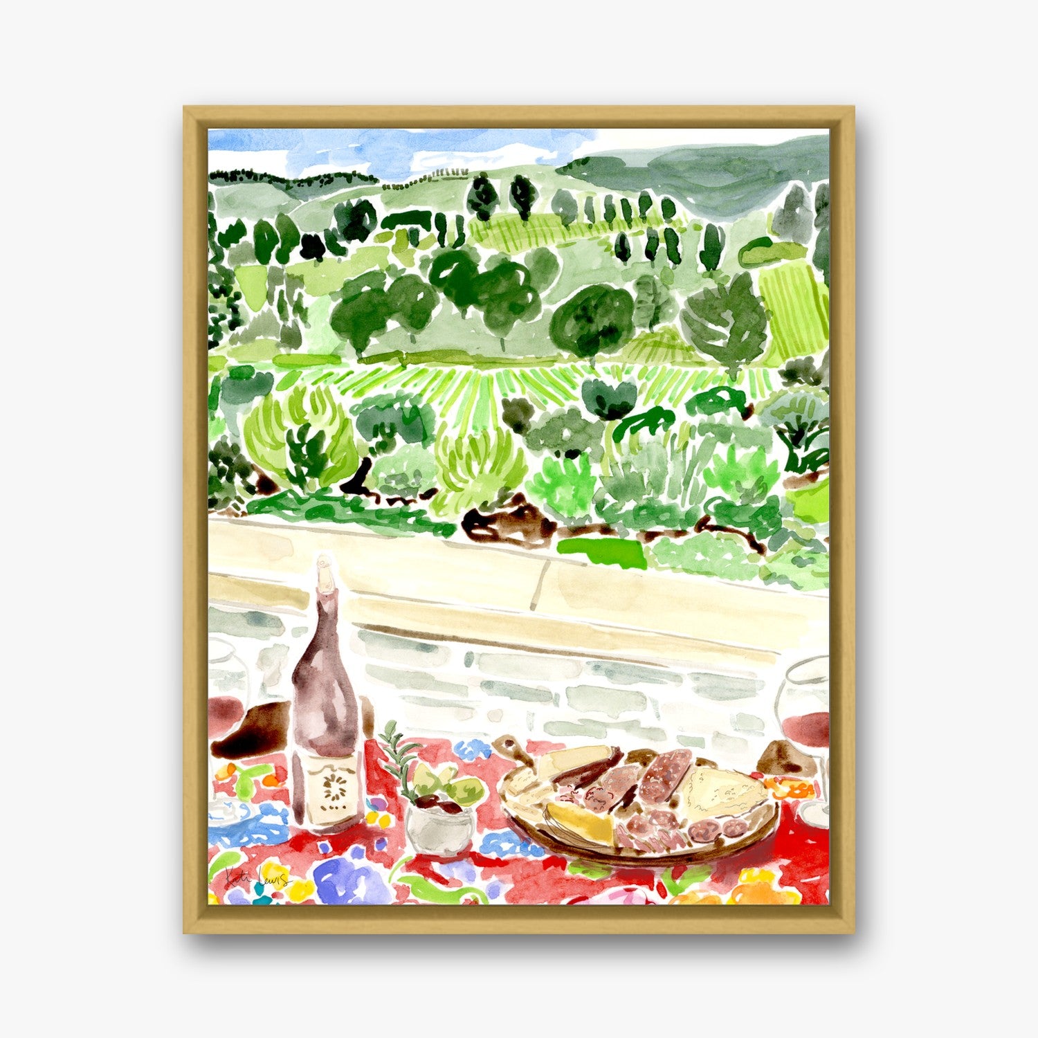Wine and Cheese by Kate Lewis in a gold frame