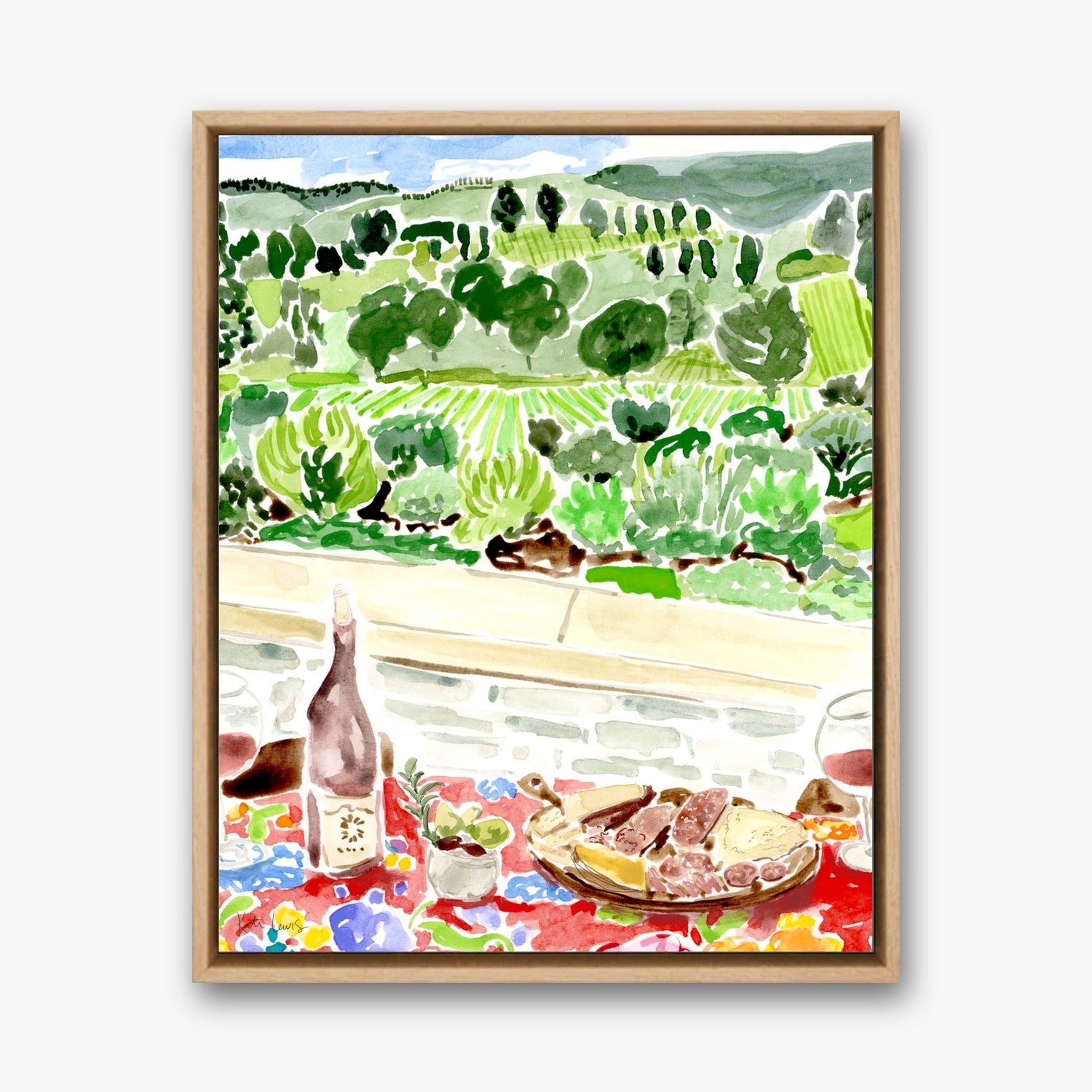 Wine and Cheese by Kate Lewis in a natural oak frame